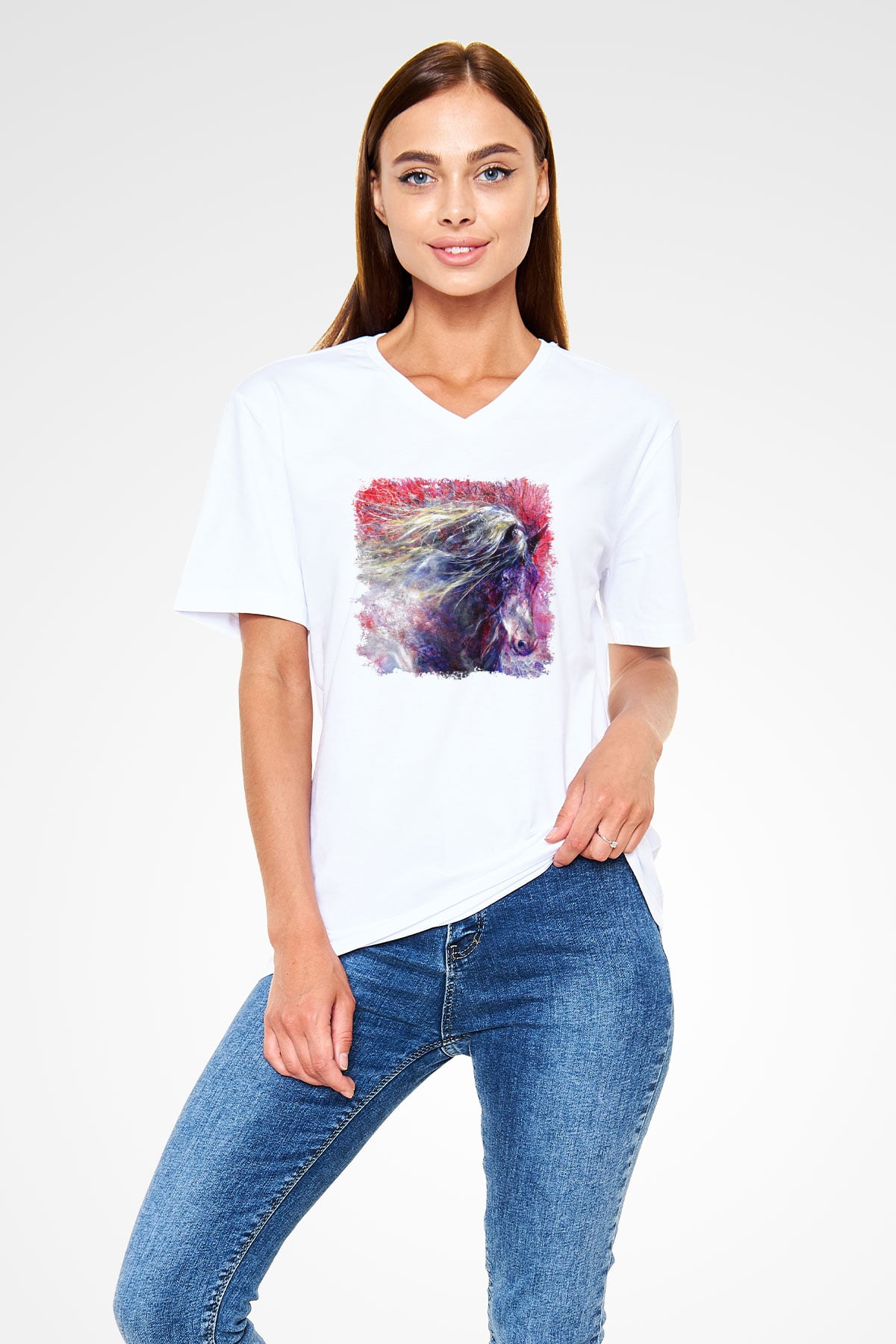 At Beyaz Unisex V Yaka Tişört T-Shirt