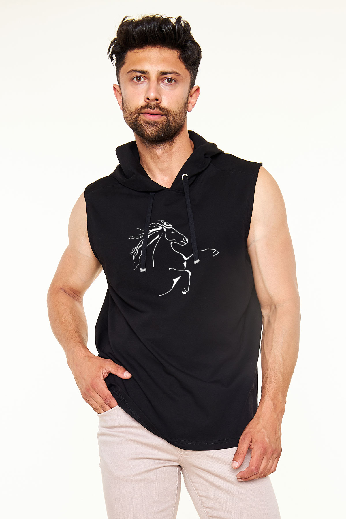At Siyah Unisex Kapüşonlu Kolsuz Tişört