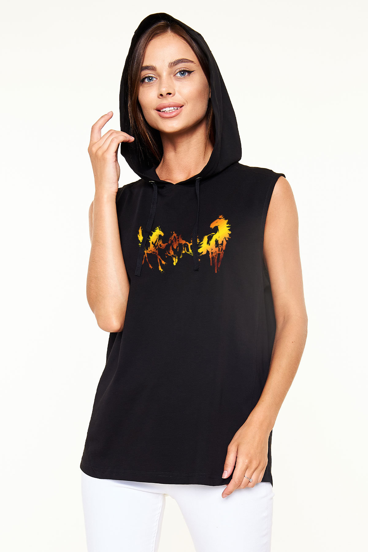 At Siyah Unisex Kapüşonlu Kolsuz Tişört