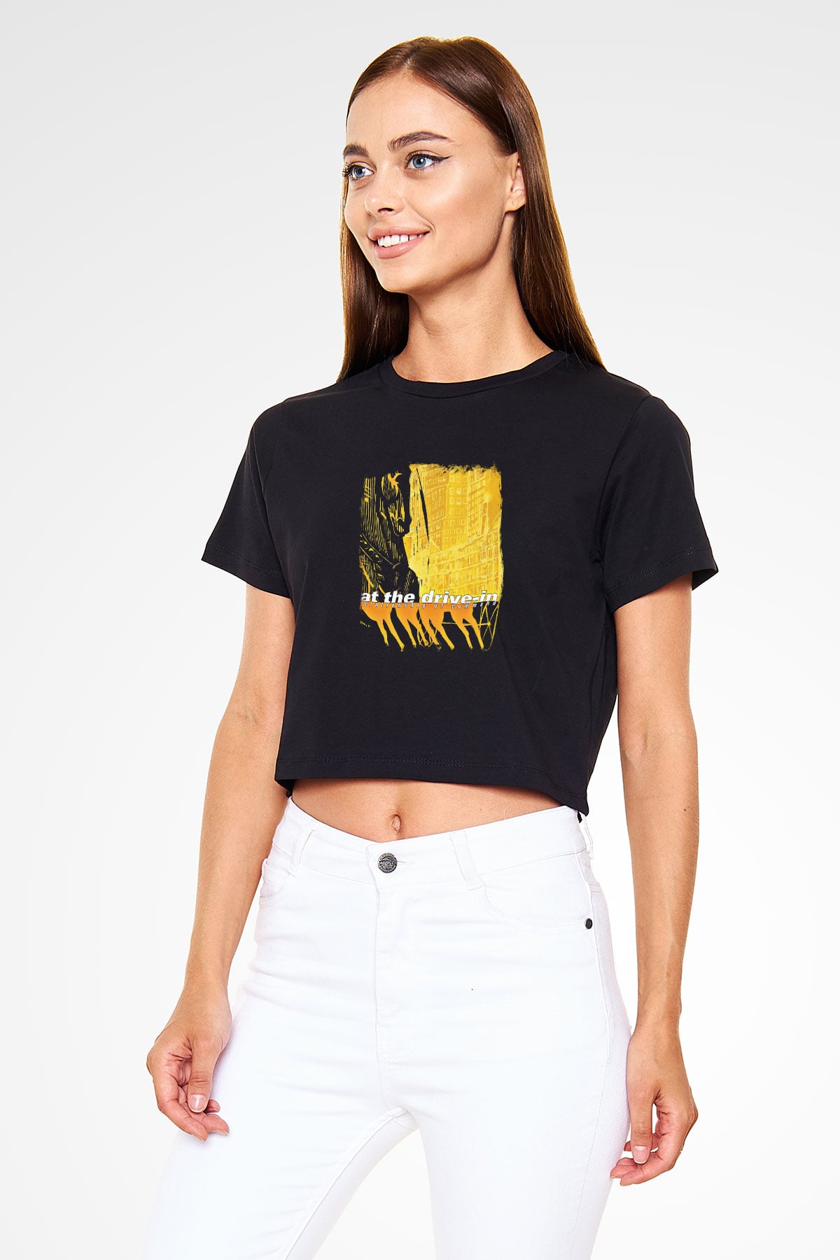 At the Drive-In Baskılı Unisex Siyah Crop Top Tişört