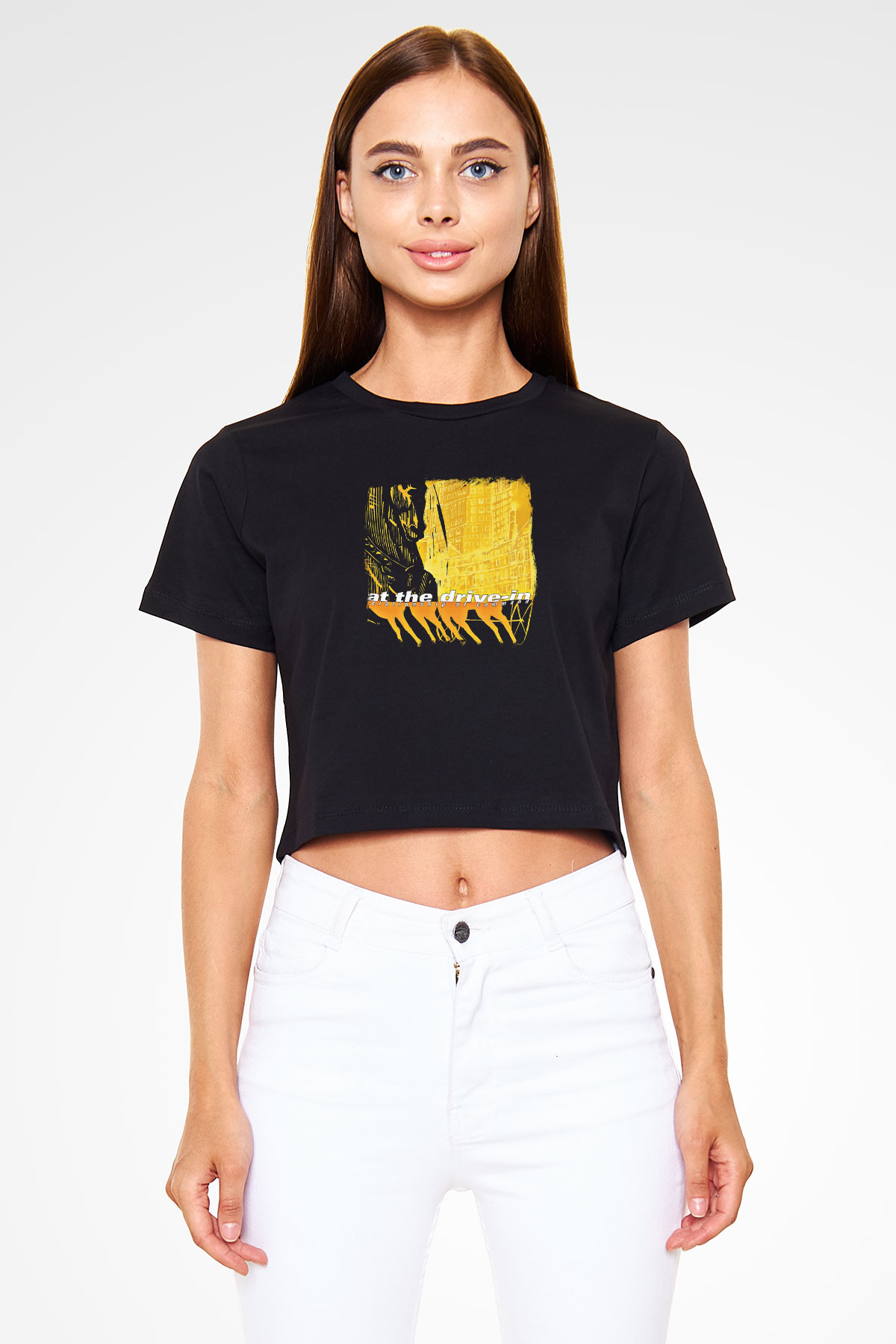 At the Drive-In Baskılı Unisex Siyah Crop Top Tişört