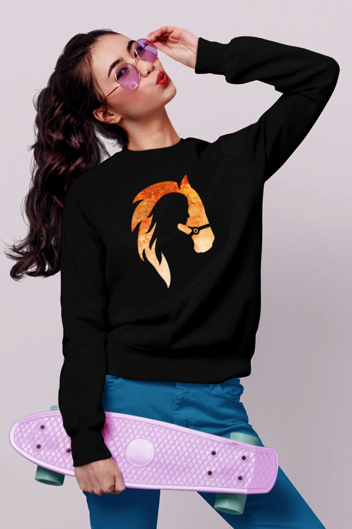 At ve Kız Baskılı Unisex Siyah  Sweatshirt
