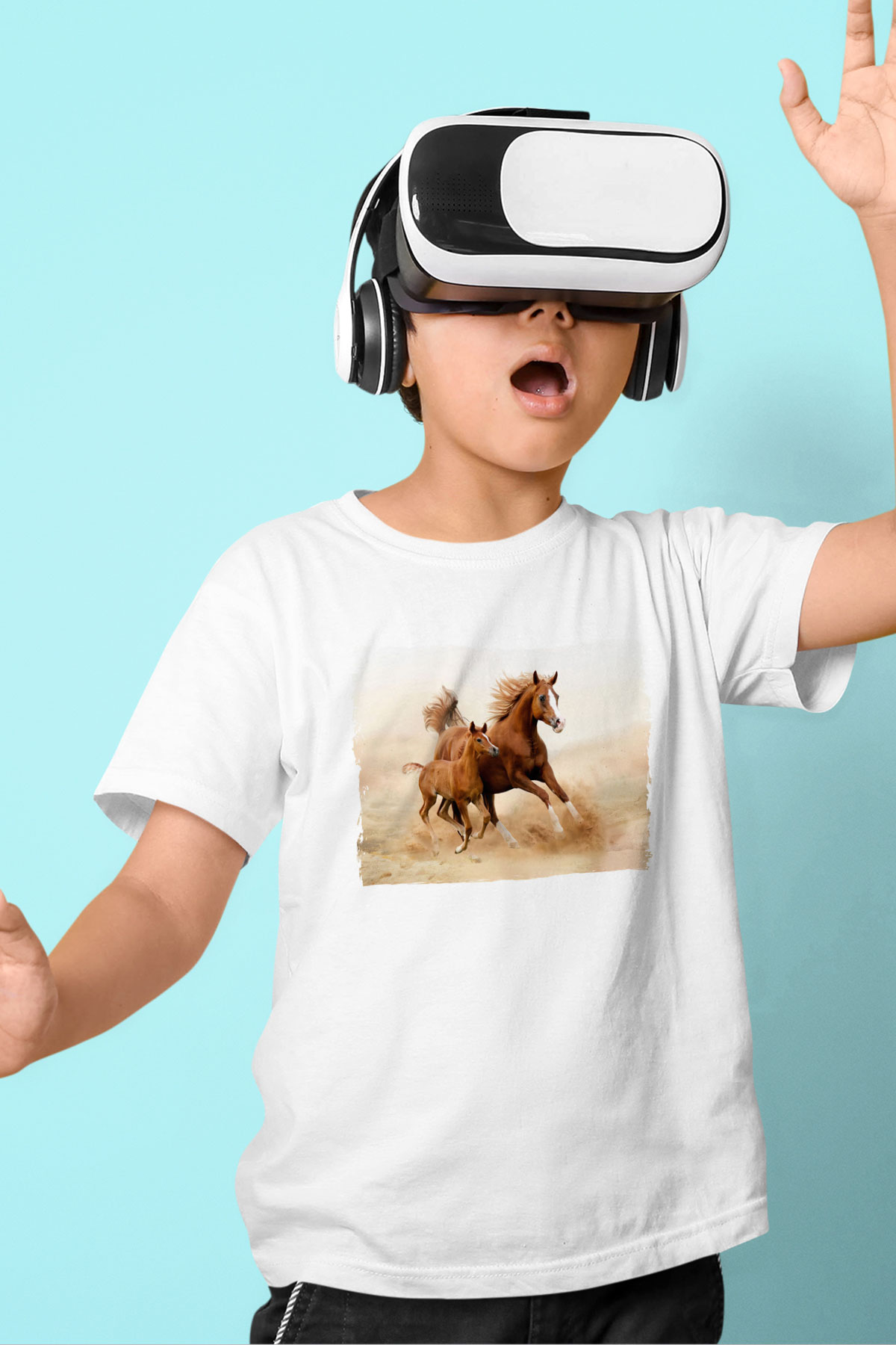 At ve Yavrusu Baskılı Unisex Beyaz  Çocuk Tişört