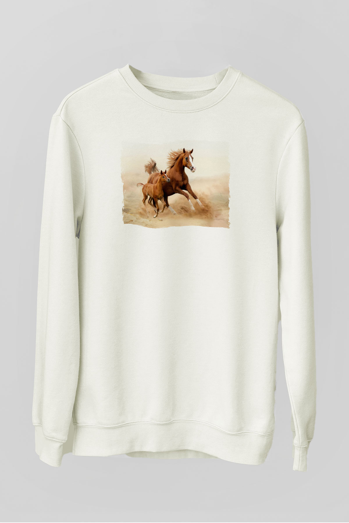 At ve Yavrusu Baskılı Unisex Beyaz  Sweatshirt