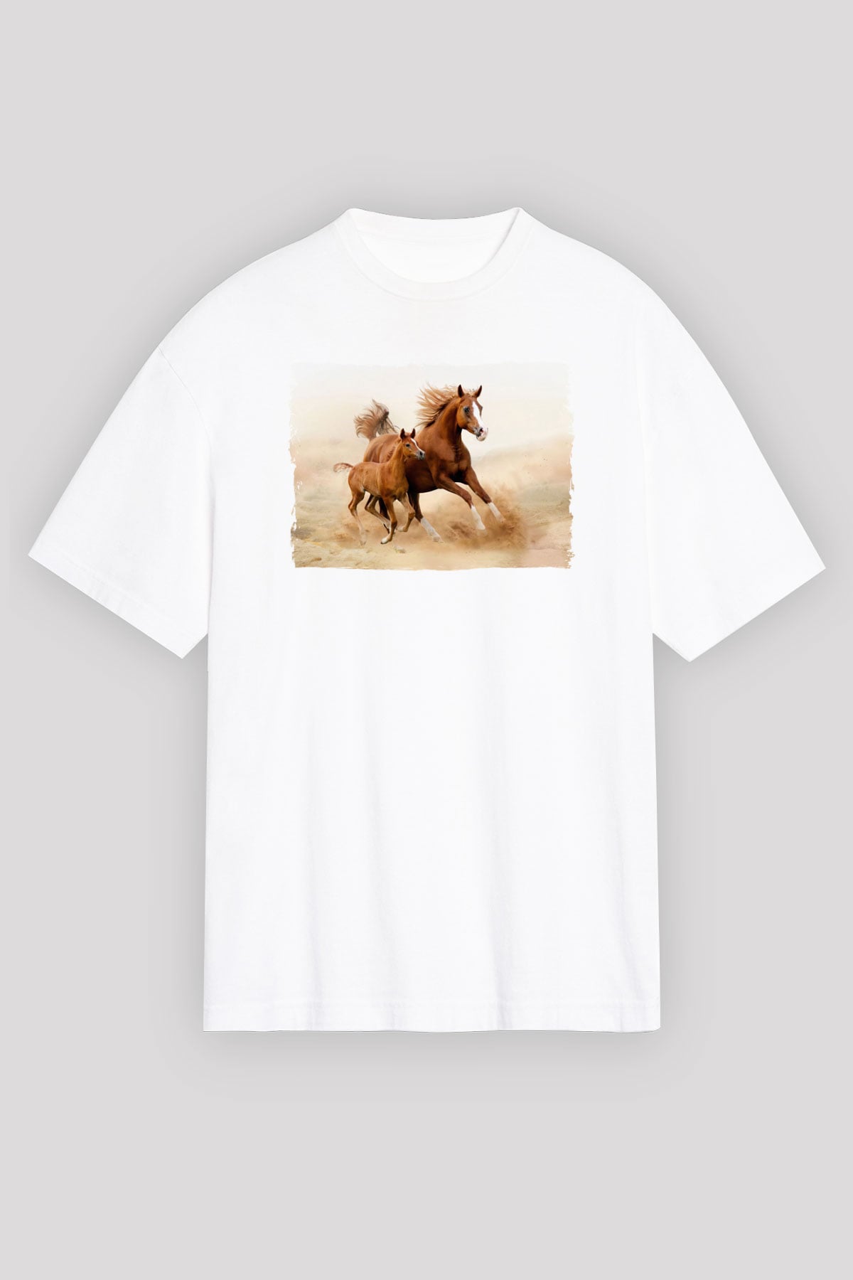 At ve Yavrusu Baskılı Unisex Beyaz Tişört