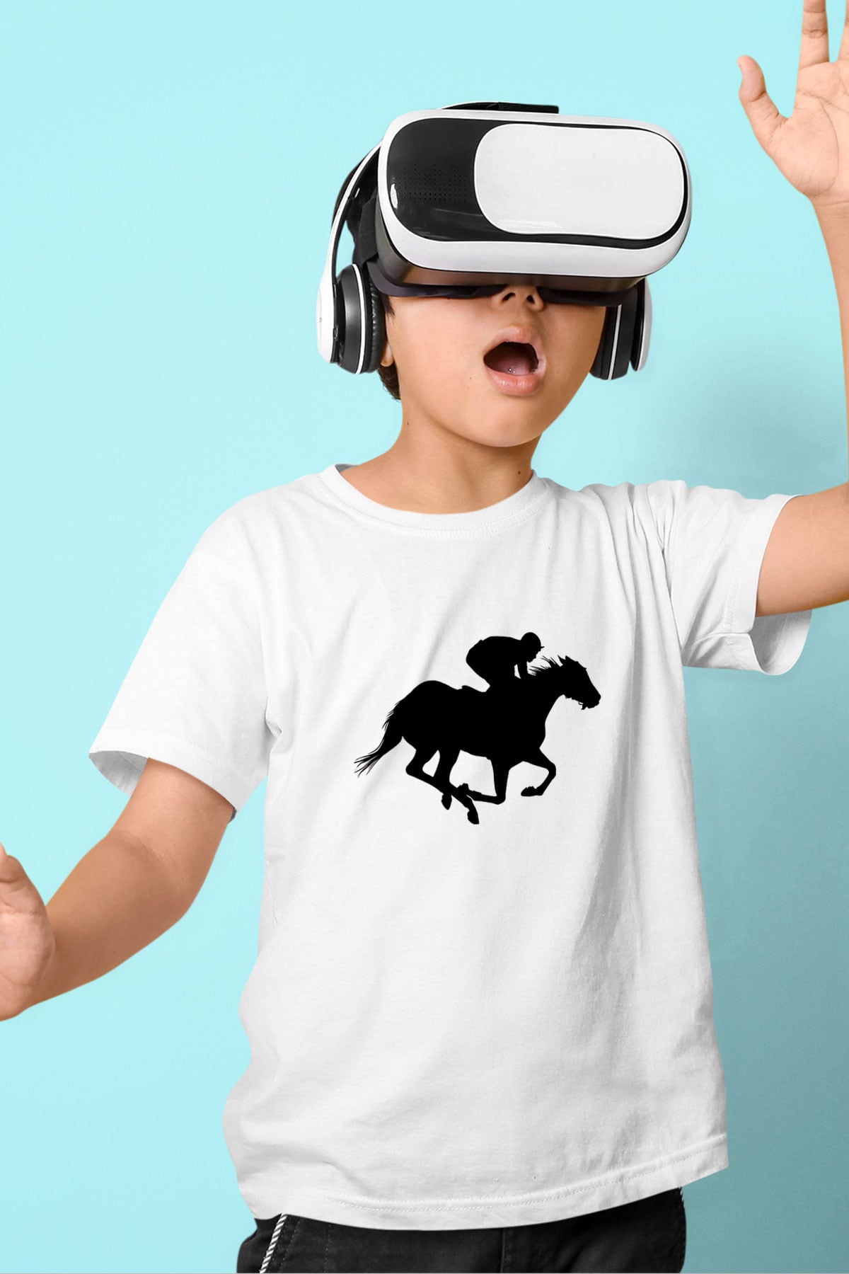 At Yarışı Baskılı Unisex Beyaz Çocuk Tişört - Tshirt