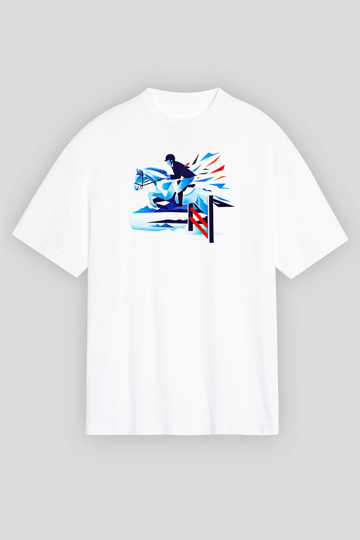 At Yarışı Baskılı Unisex Beyaz Oversize Tişört - Tshirt