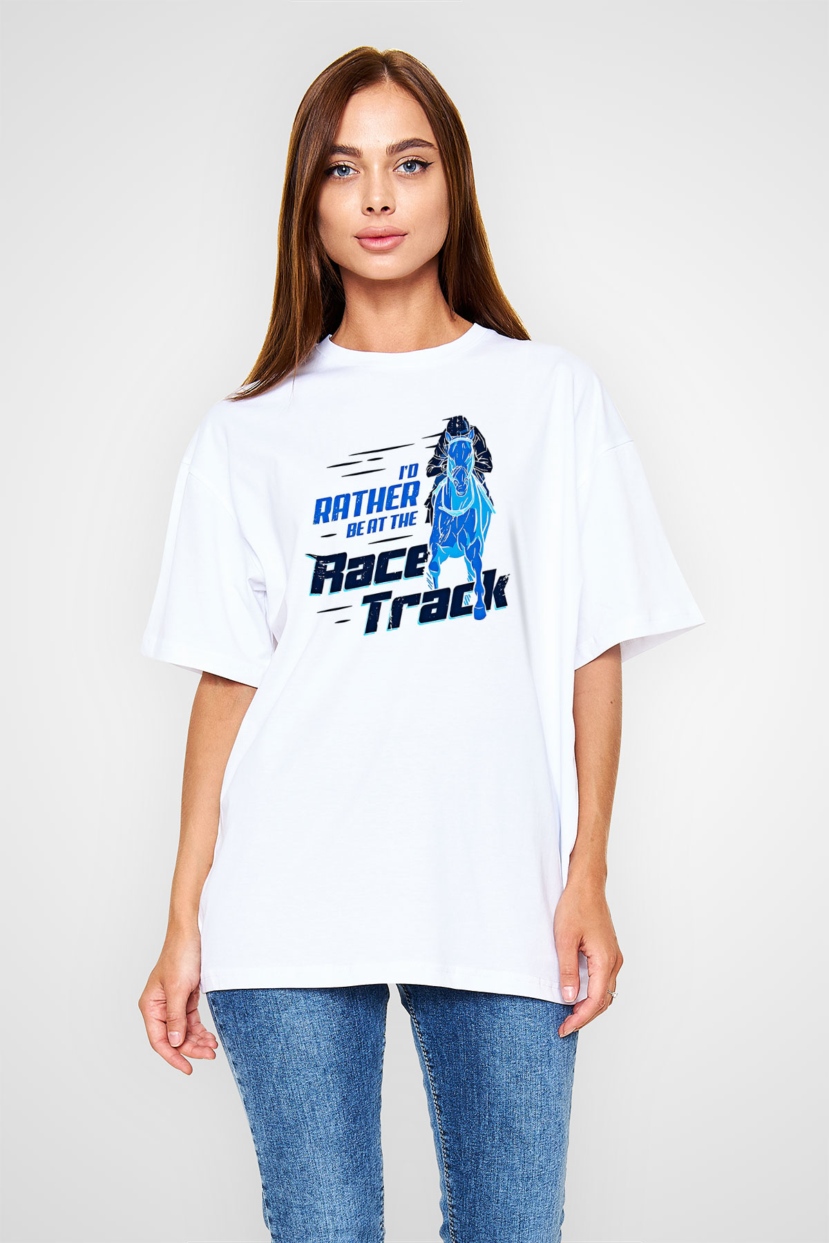 At Yarışı Baskılı Unisex Beyaz Oversize Tişört - Tshirt