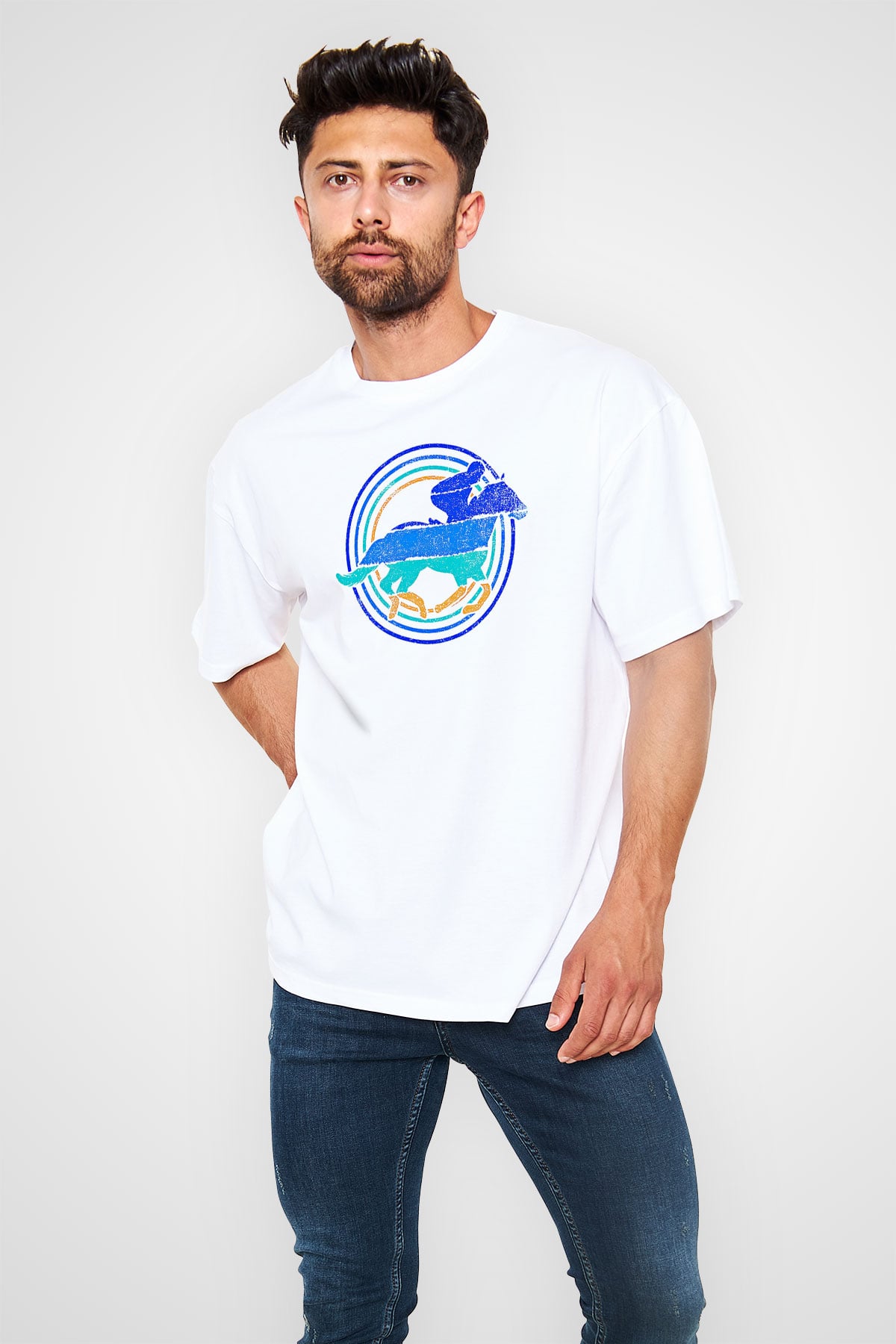At Yarışı Baskılı Unisex Beyaz Oversize Tişört - Tshirt