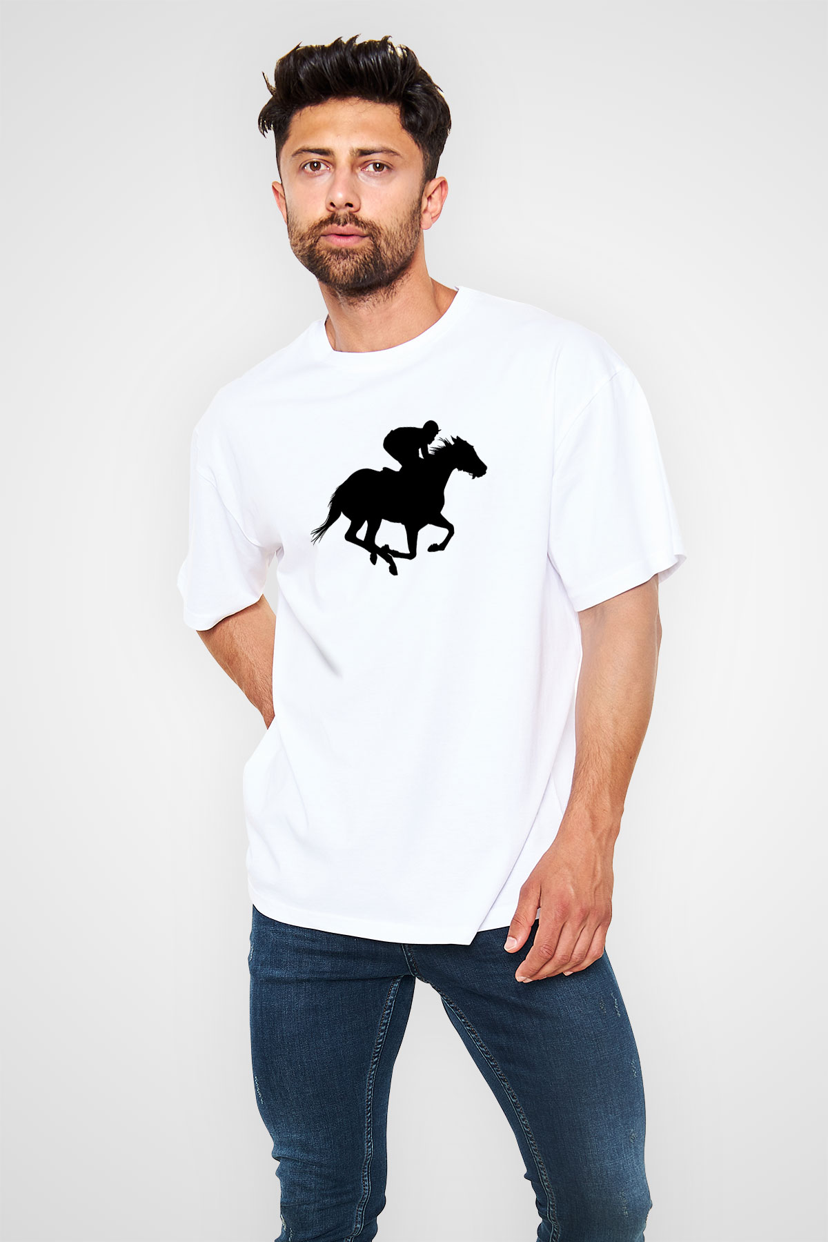 At Yarışı Baskılı Unisex Beyaz Oversize Tişört - Tshirt
