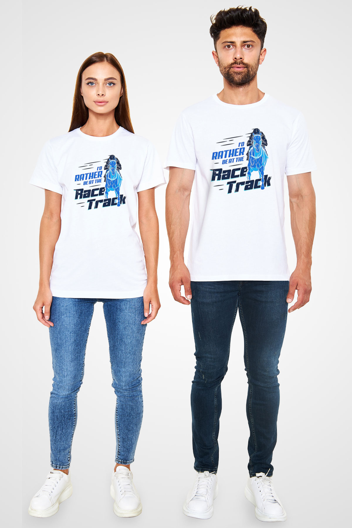 At Yarışı Baskılı Unisex Beyaz Tişört - Tshirt