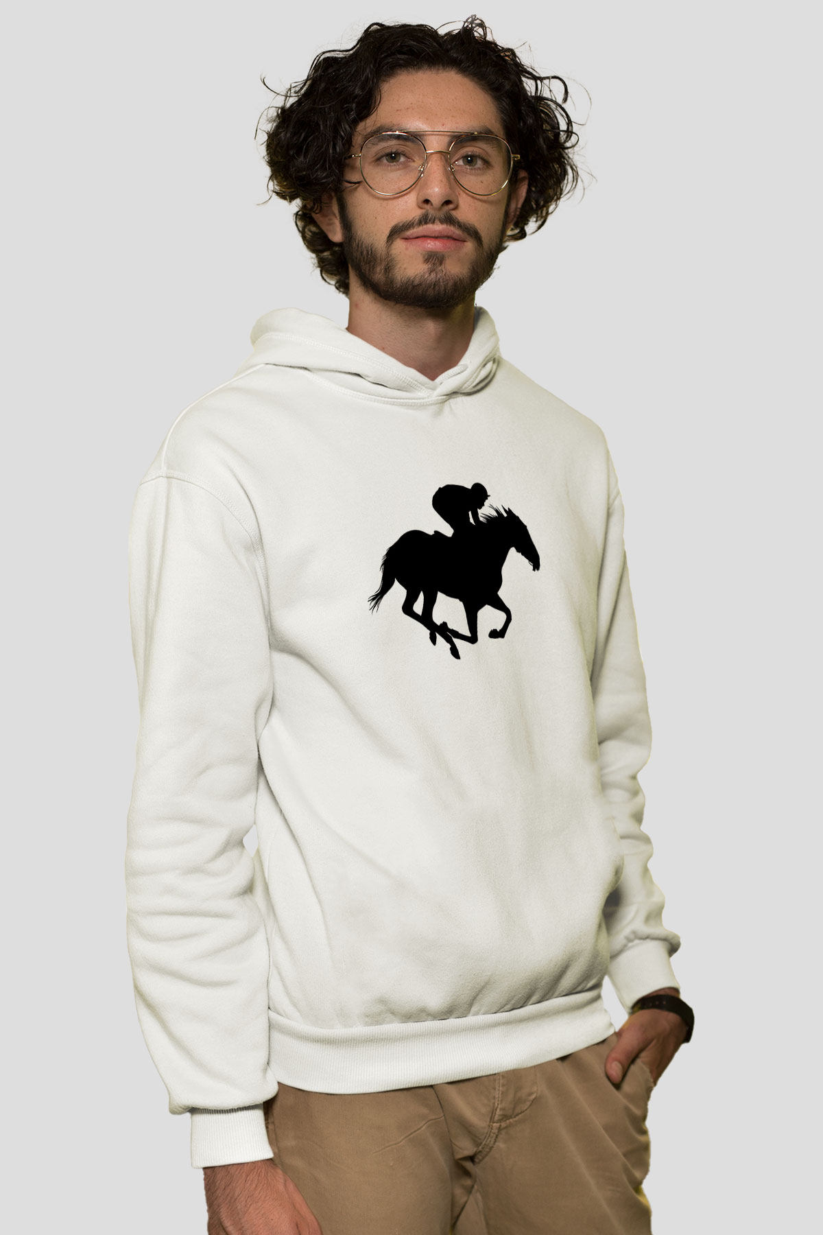 At Yarışı Baskılı Unisex Ekru Hoodie