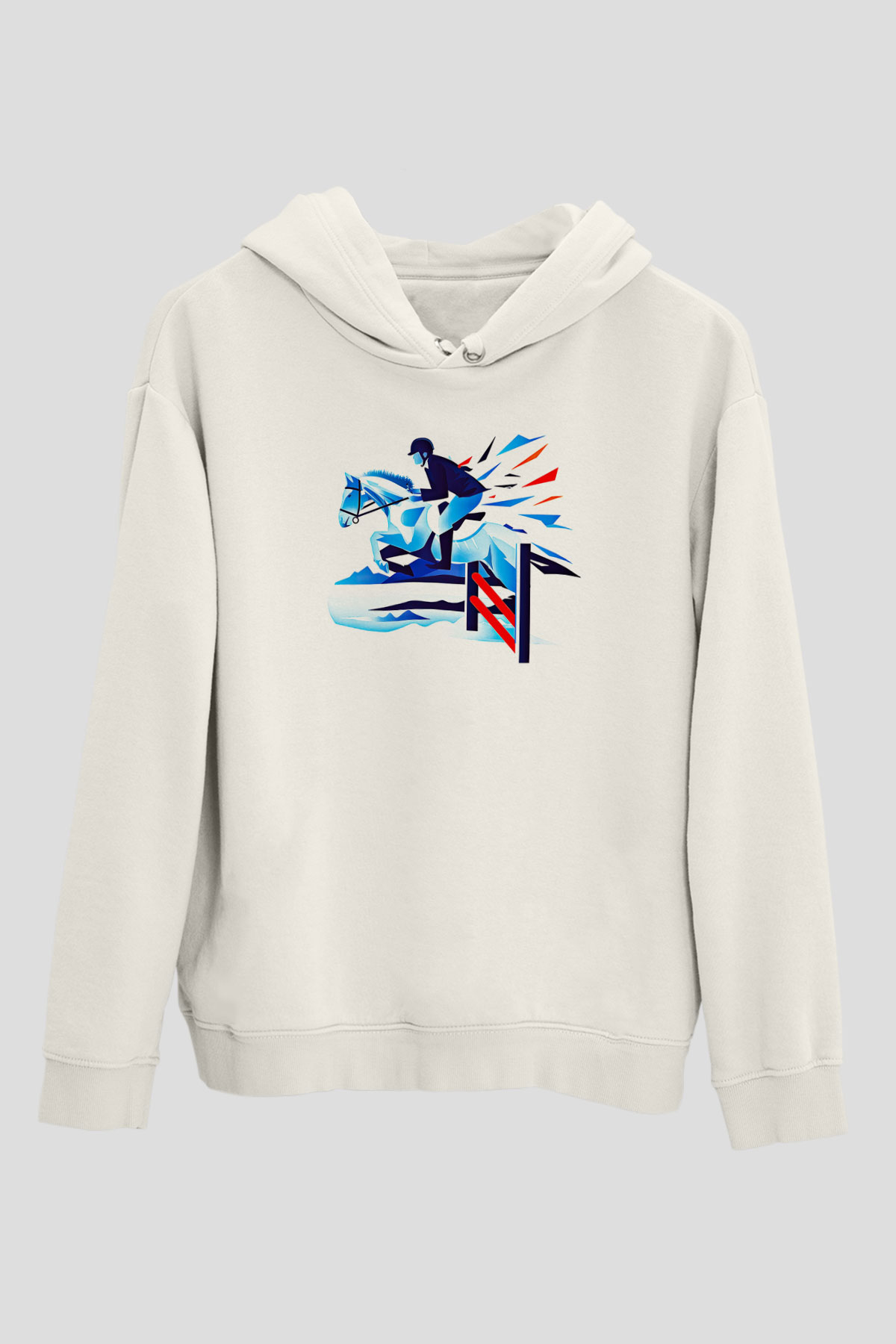 At Yarışı Baskılı Unisex Ekru Hoodie