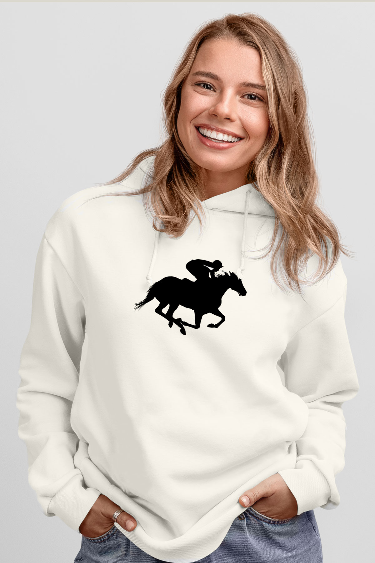 At Yarışı Baskılı Unisex Ekru Hoodie