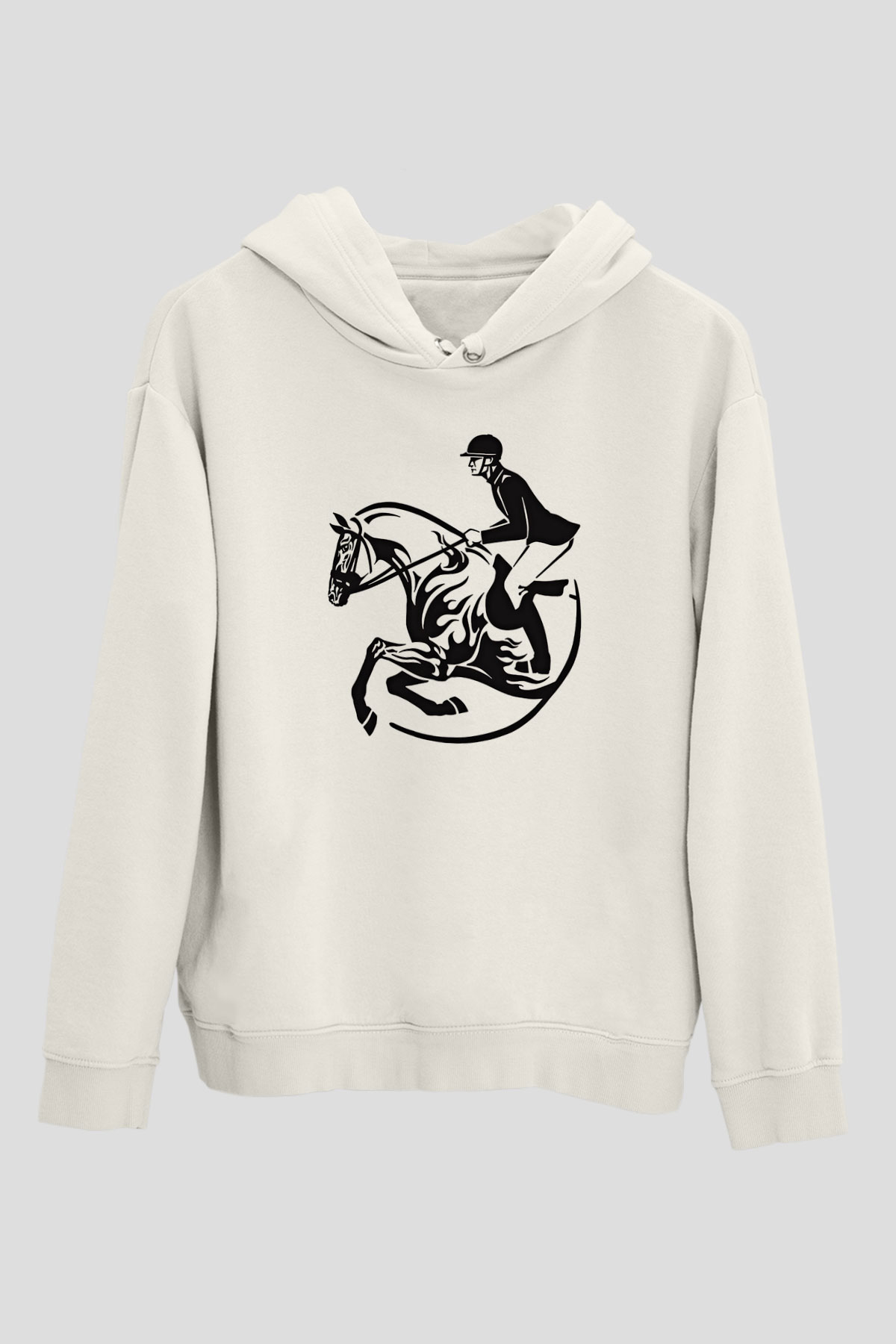 At Yarışı Baskılı Unisex Ekru Hoodie