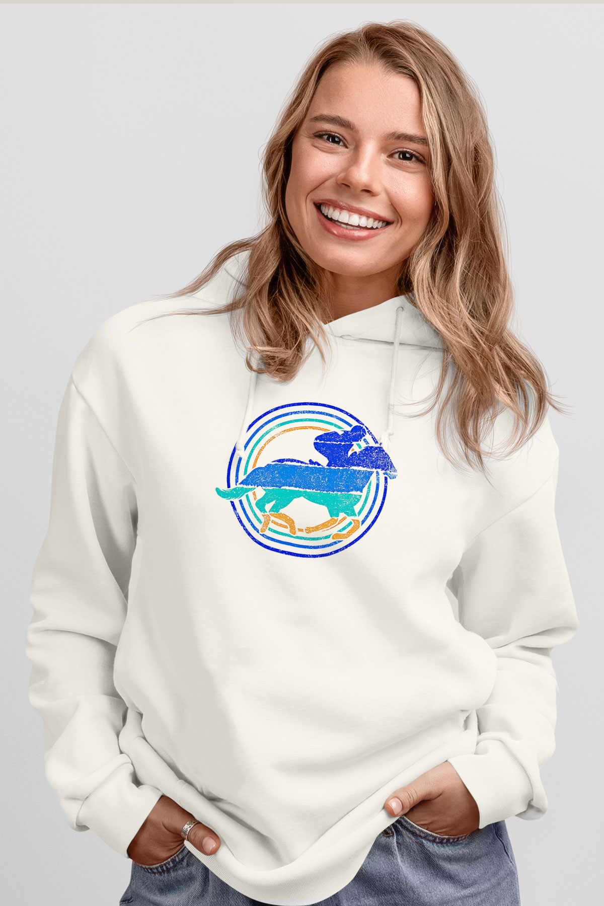 At Yarışı Baskılı Unisex Ekru Hoodie