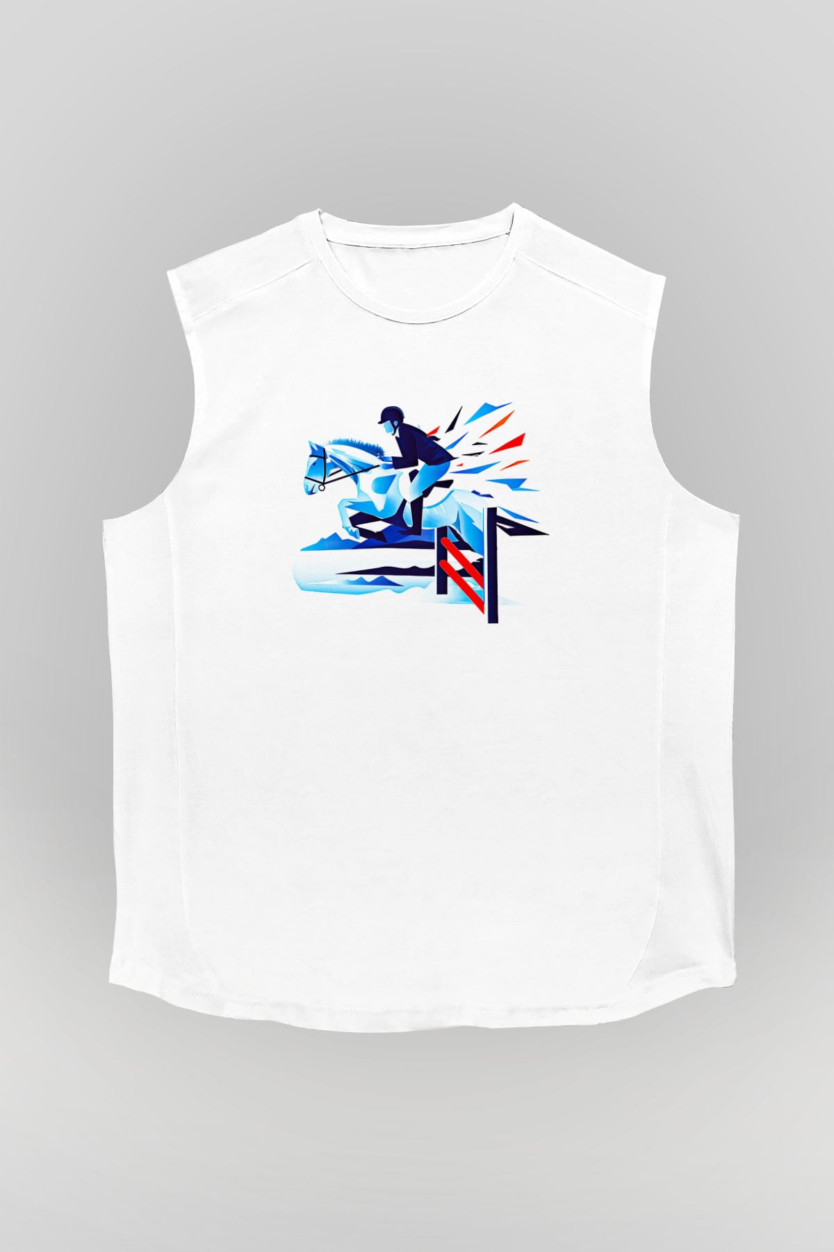 At Yarışı Baskılı Unisex Kolsuz Beyaz Tişört
