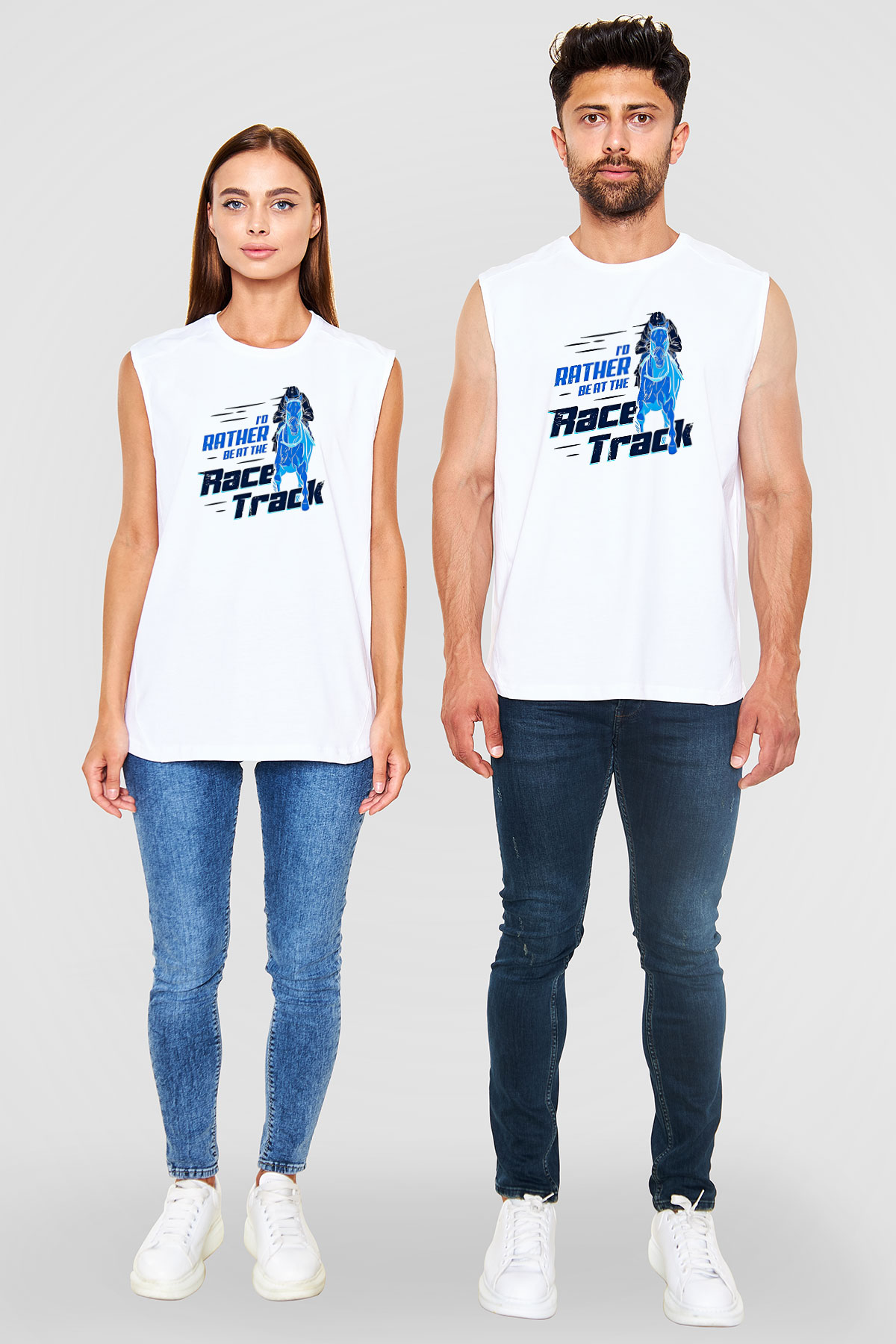 At Yarışı Baskılı Unisex Kolsuz Beyaz Tişört