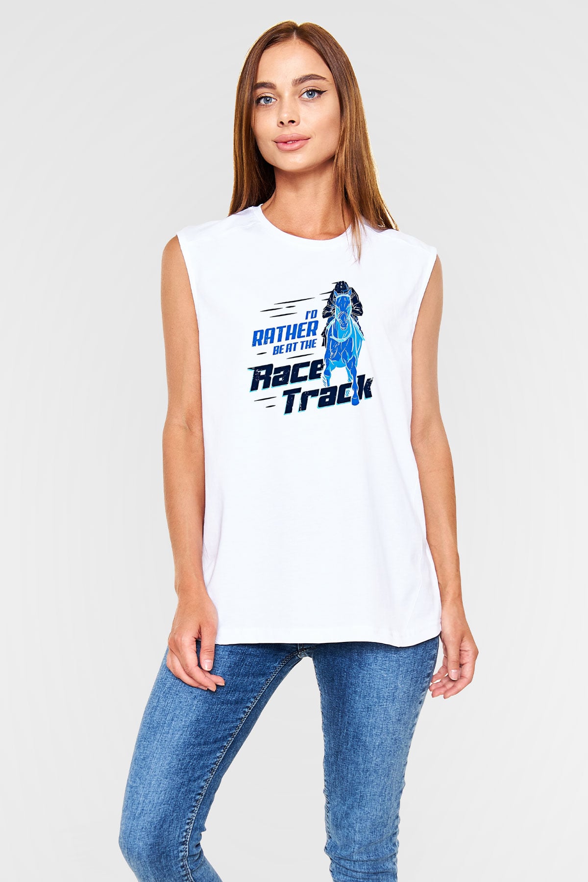 At Yarışı Baskılı Unisex Kolsuz Beyaz Tişört