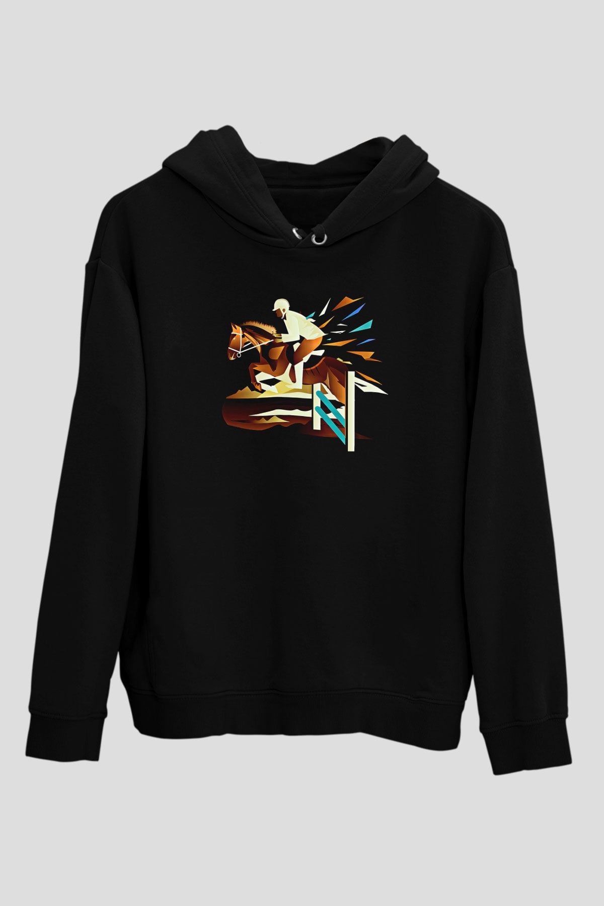 At Yarışı - Horse Race Baskılı Unisex Siyah Hoodie