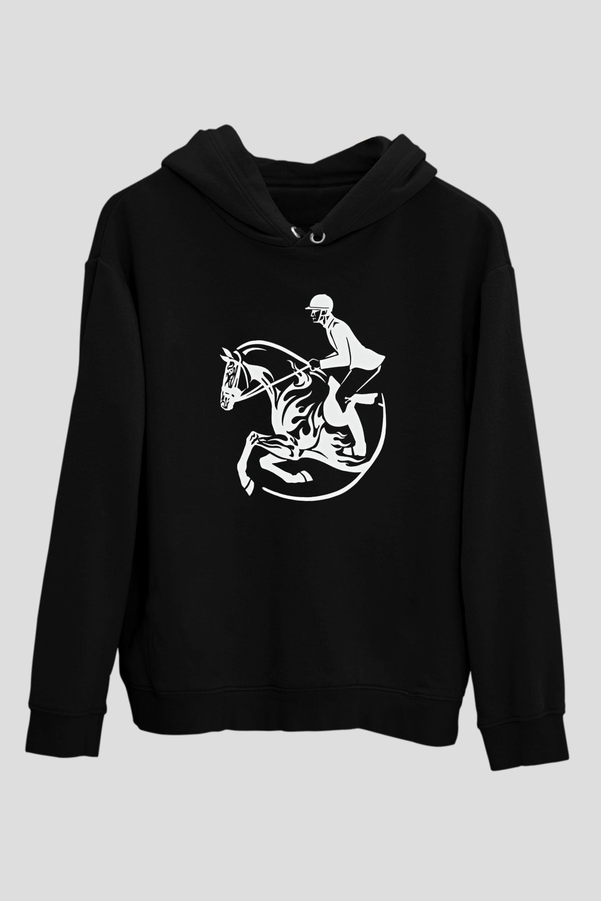 At Yarışı - Horse Race Baskılı Unisex Siyah Hoodie