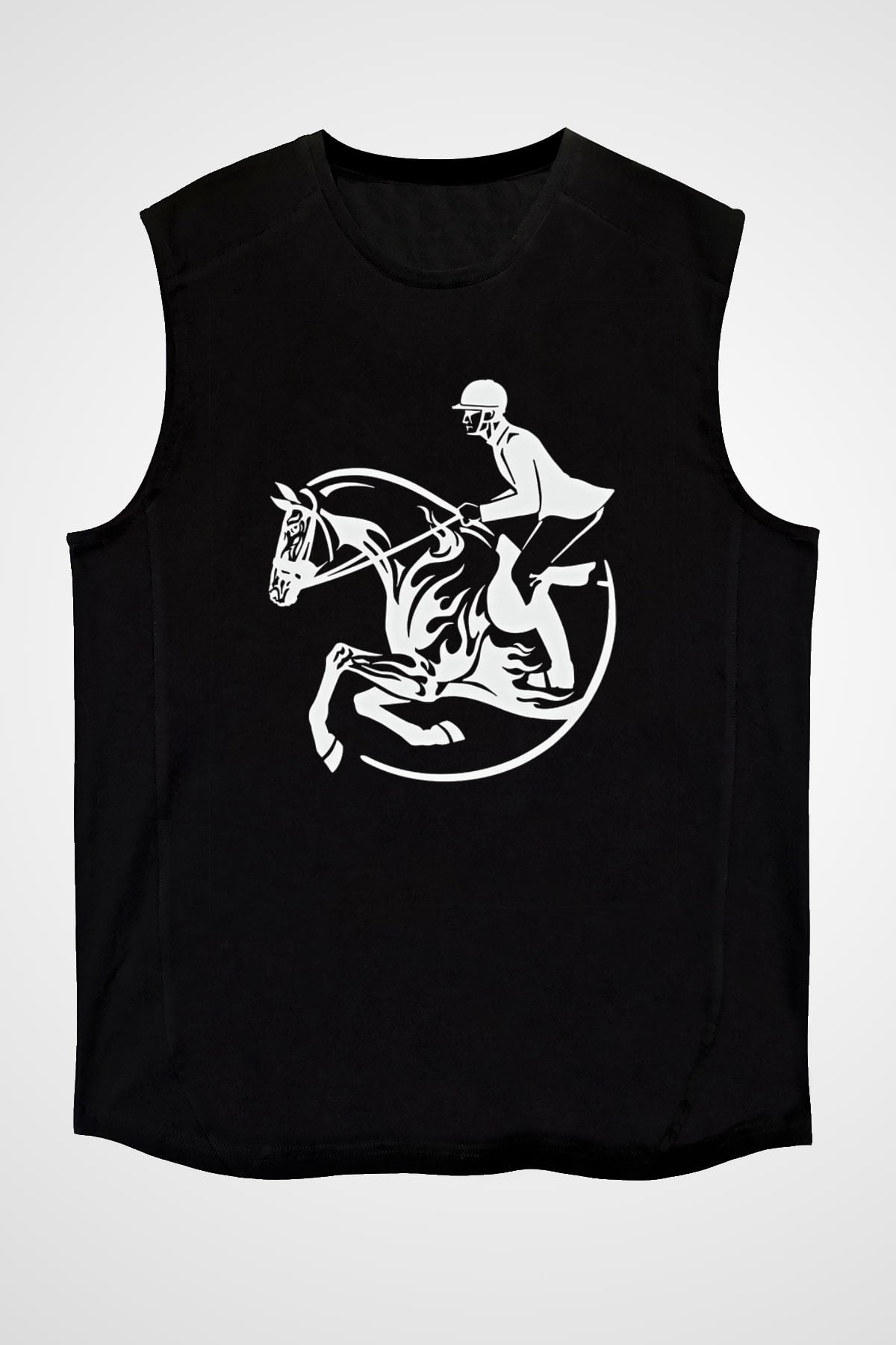 At Yarışı - Horse Race Baskılı Unisex Siyah Kolsuz Tişört