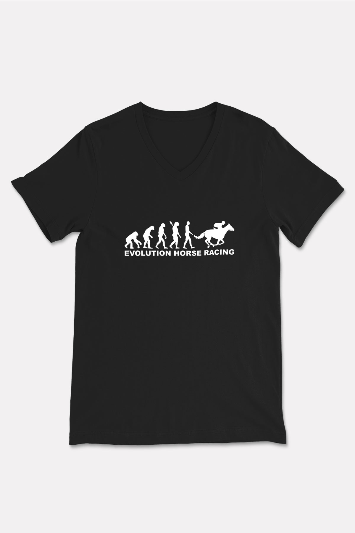 At Yarışı - Horse Race Baskılı Unisex Siyah V Yaka Tişört
