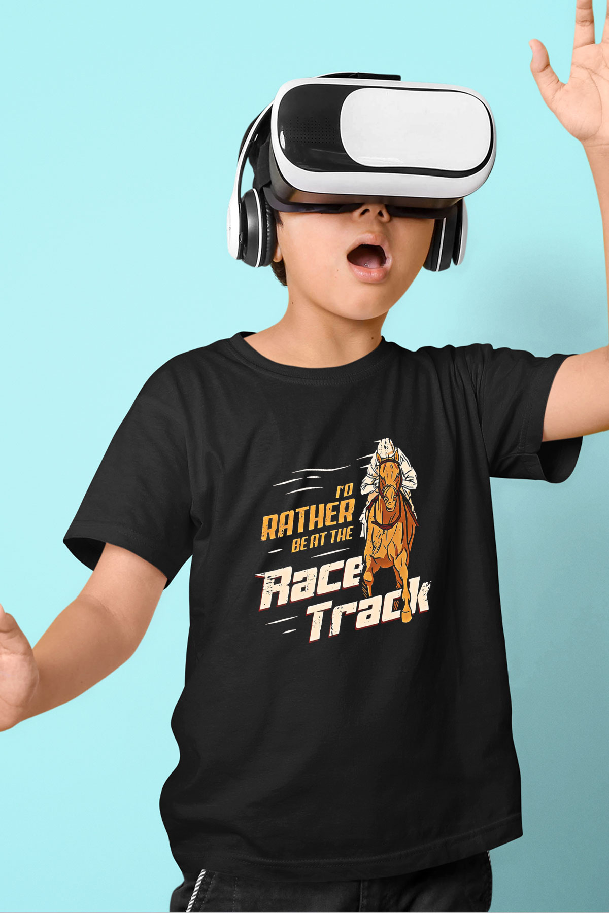At Yarışı - Horse Race Baskılı Unisex Siyah Çocuk Tİşörtü - Tshirt