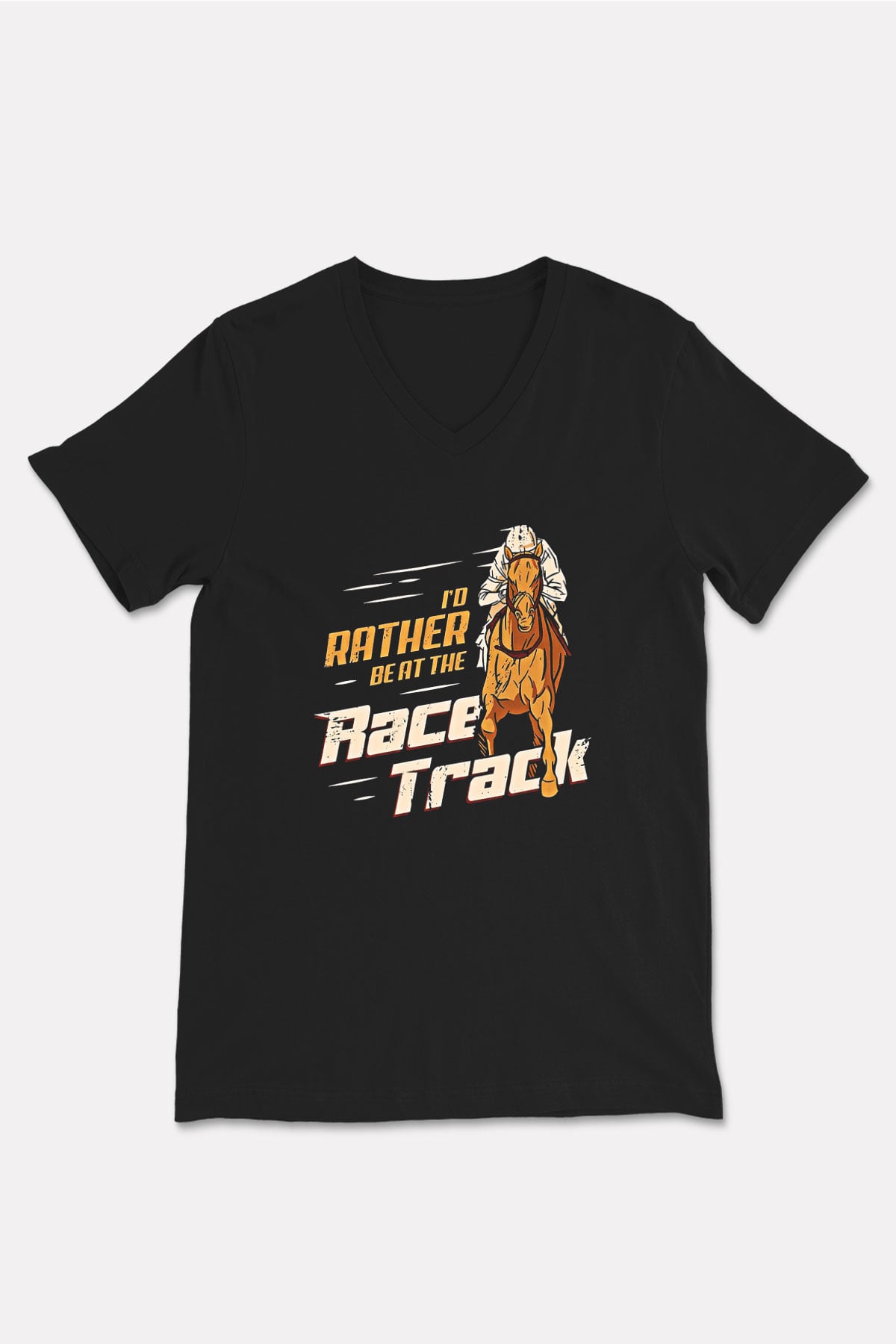 At Yarışı - Horse Race Baskılı Unisex Siyah V Yaka Tişört