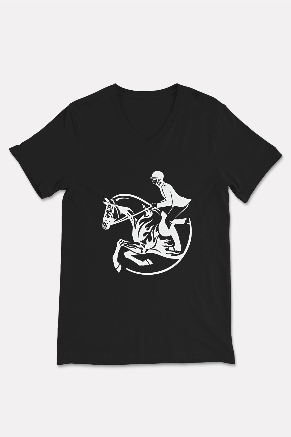 At Yarışı - Horse Race Baskılı Unisex Siyah V Yaka Tişört