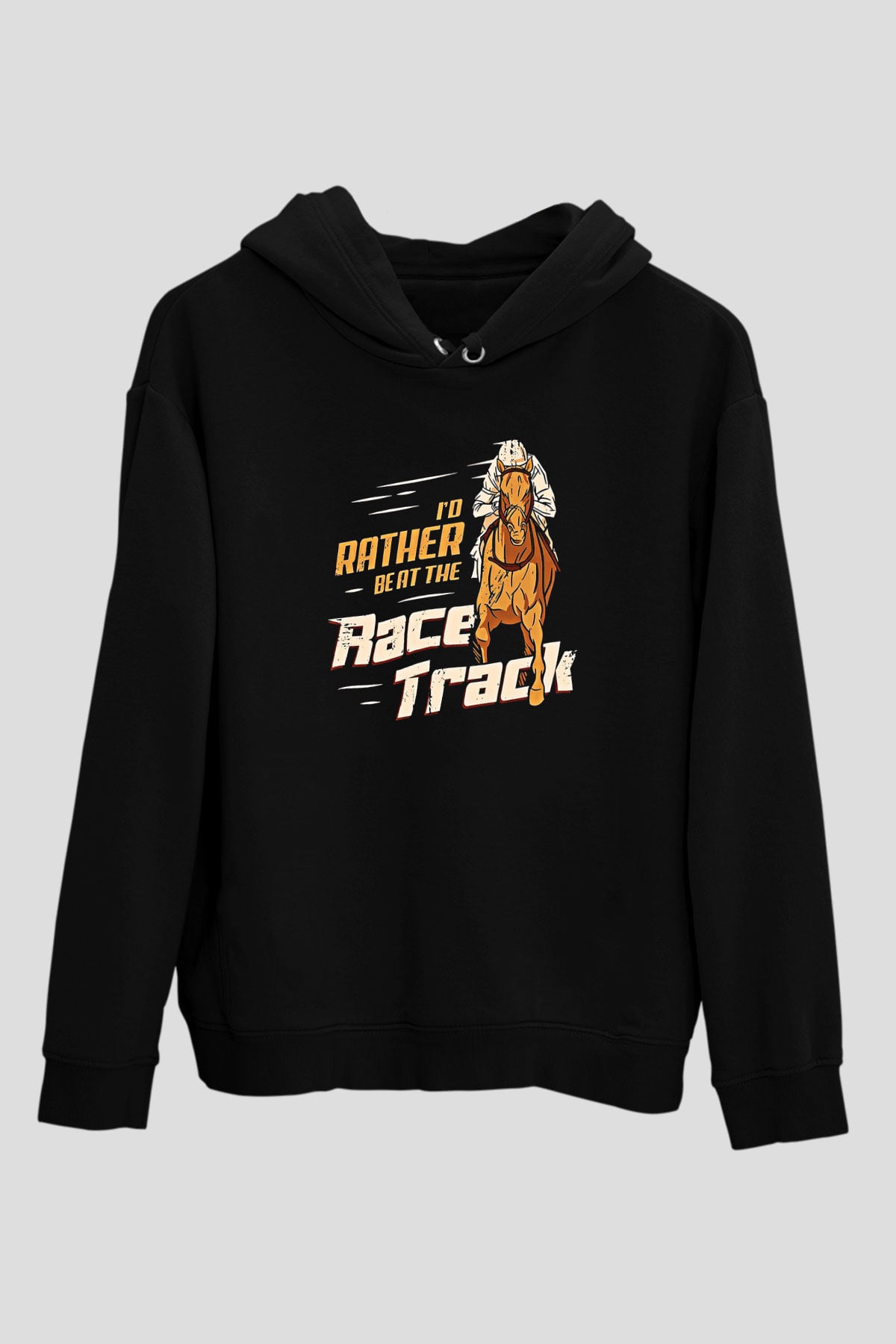 At Yarışı - Horse Race Baskılı Unisex Siyah Hoodie