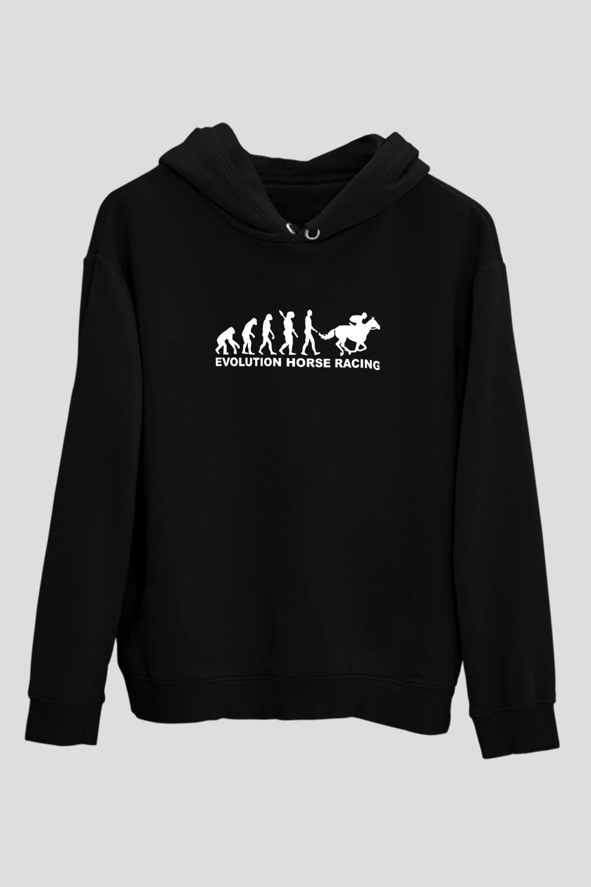 At Yarışı - Horse Race Baskılı Unisex Siyah Hoodie