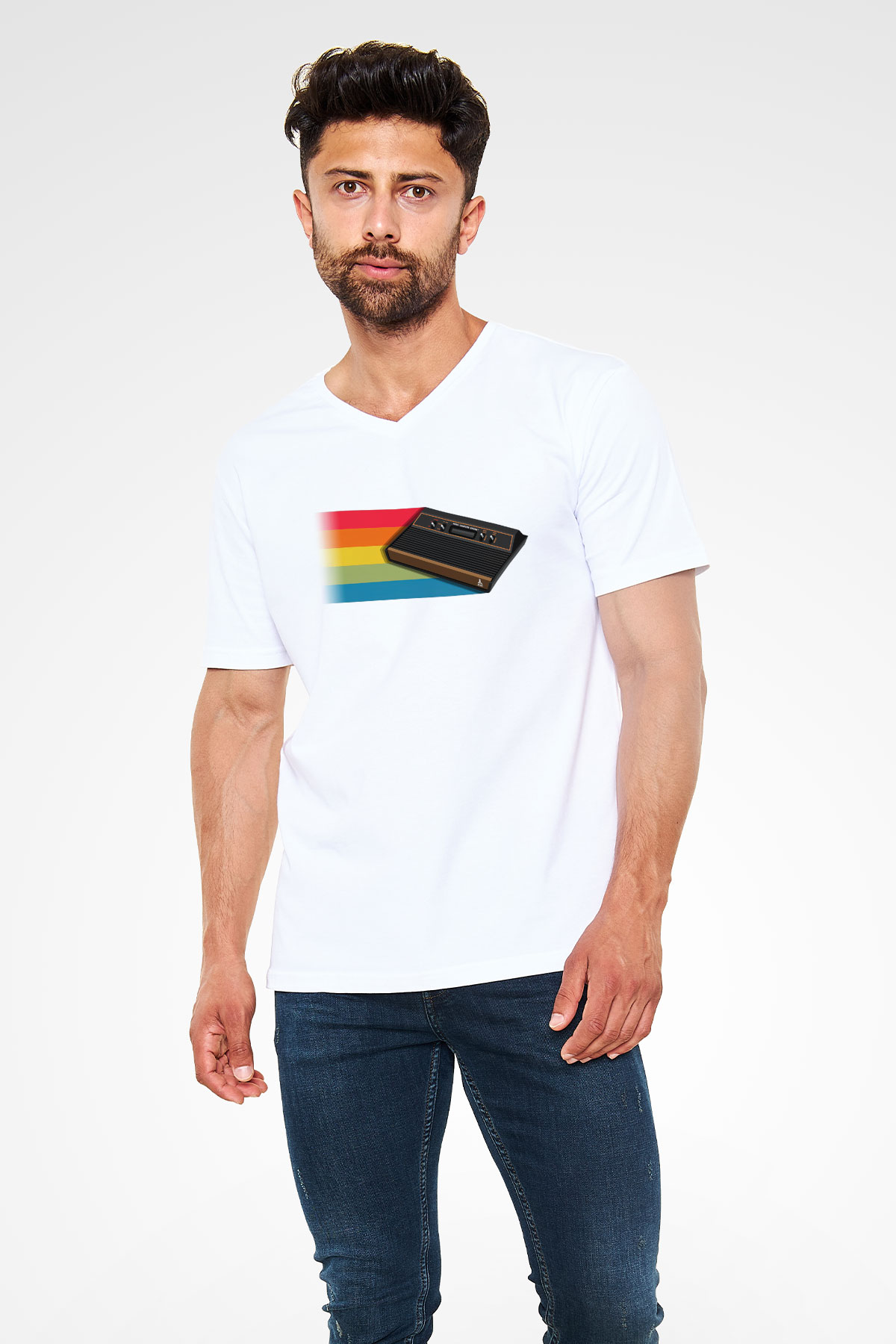 Atari Beyaz Unisex V Yaka Tişört