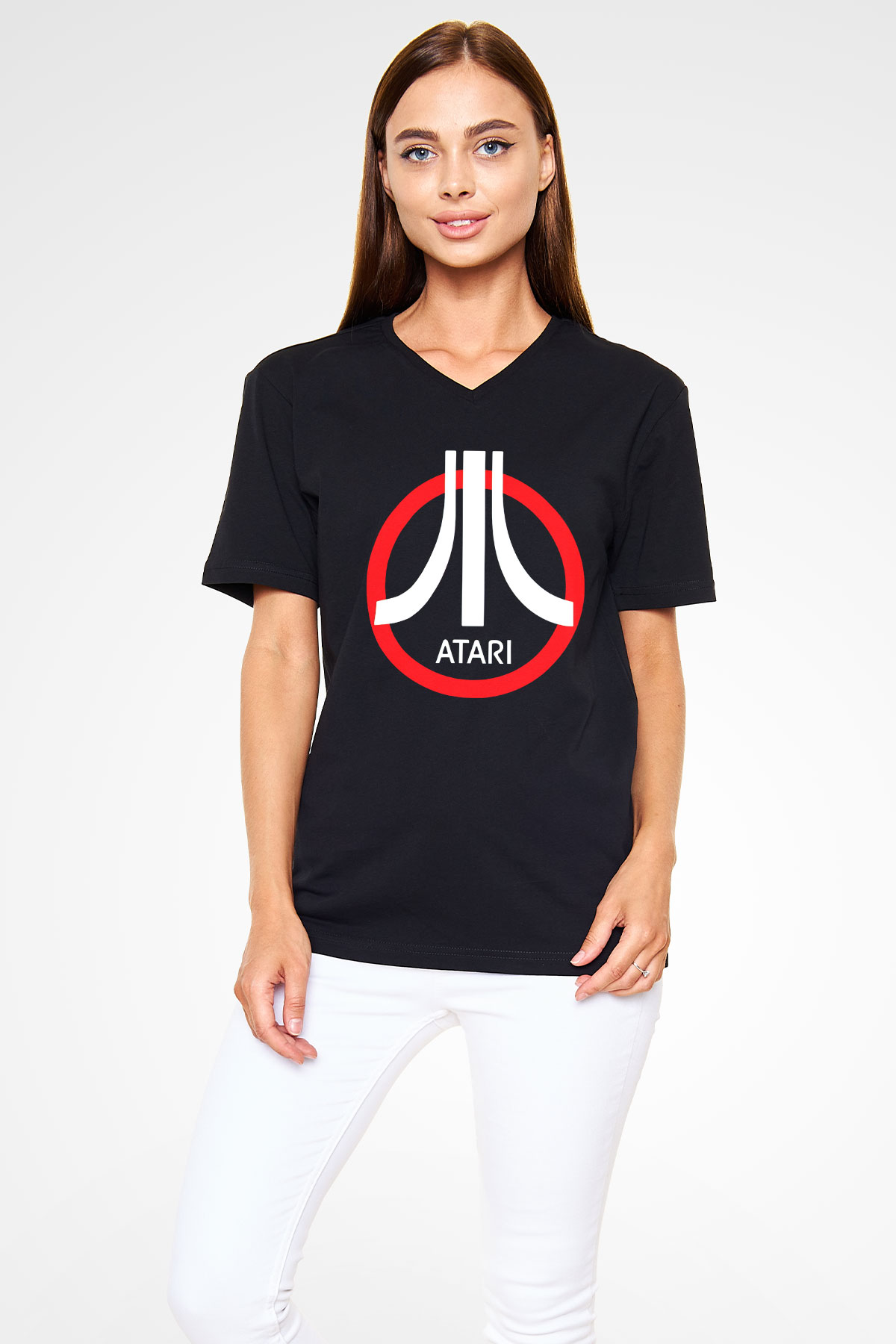 Atari Siyah Unisex V Yaka Tişört T-Shirt