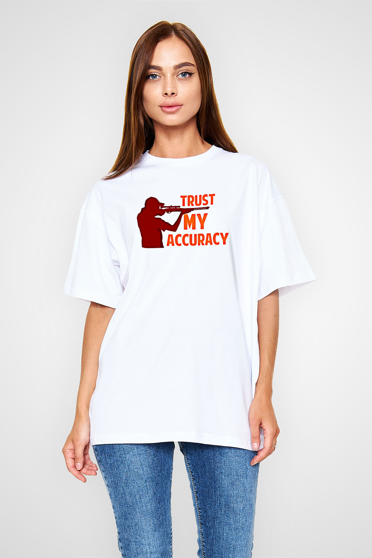 Atıcılık Baskılı Unisex Beyaz Oversize Tişört - Tshirt