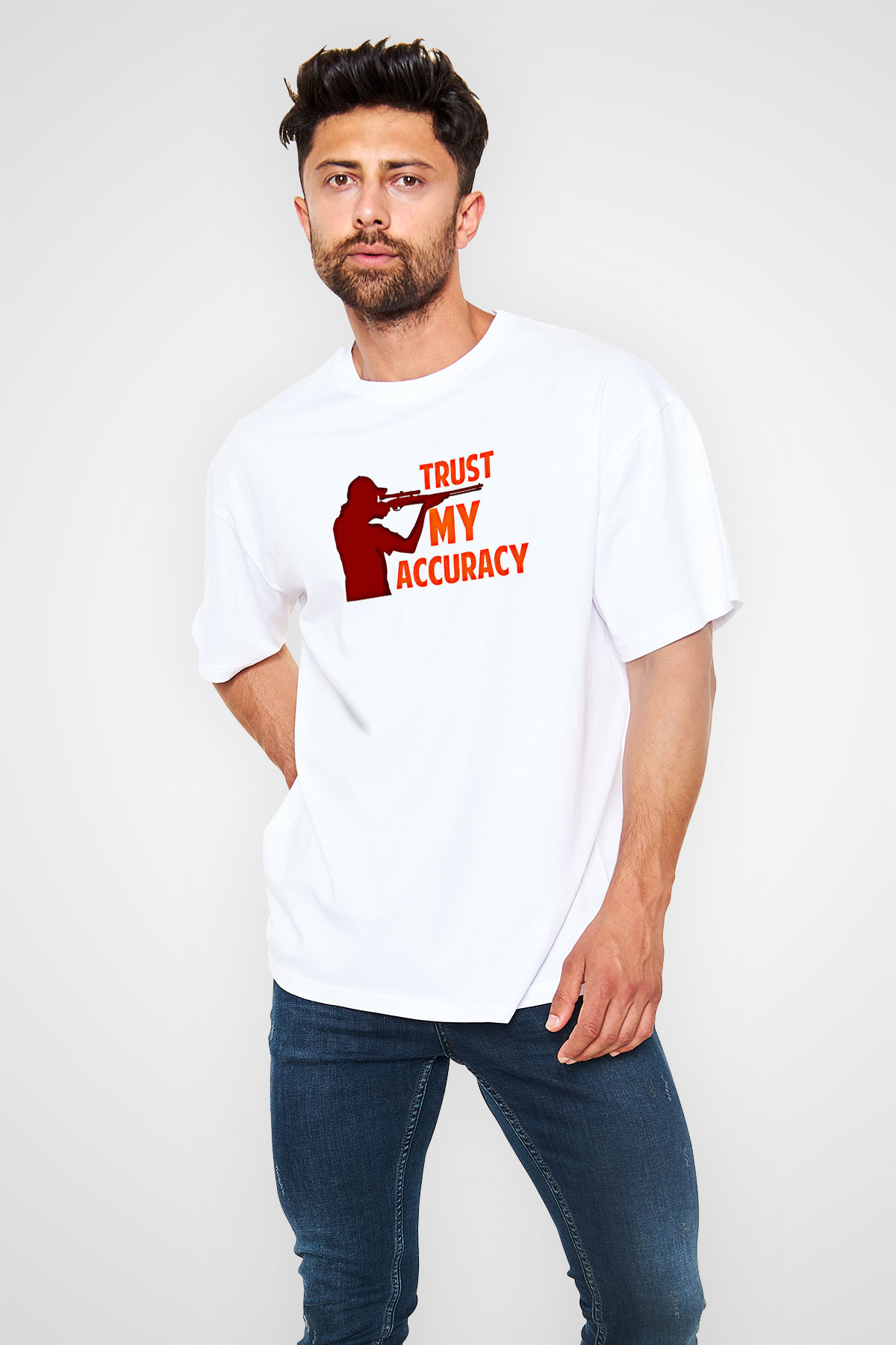 Atıcılık Baskılı Unisex Beyaz Oversize Tişört - Tshirt
