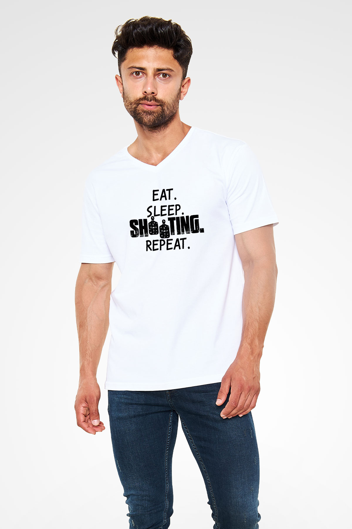 Atıcılık Baskılı Unisex V Yaka Tişört - Tshirt