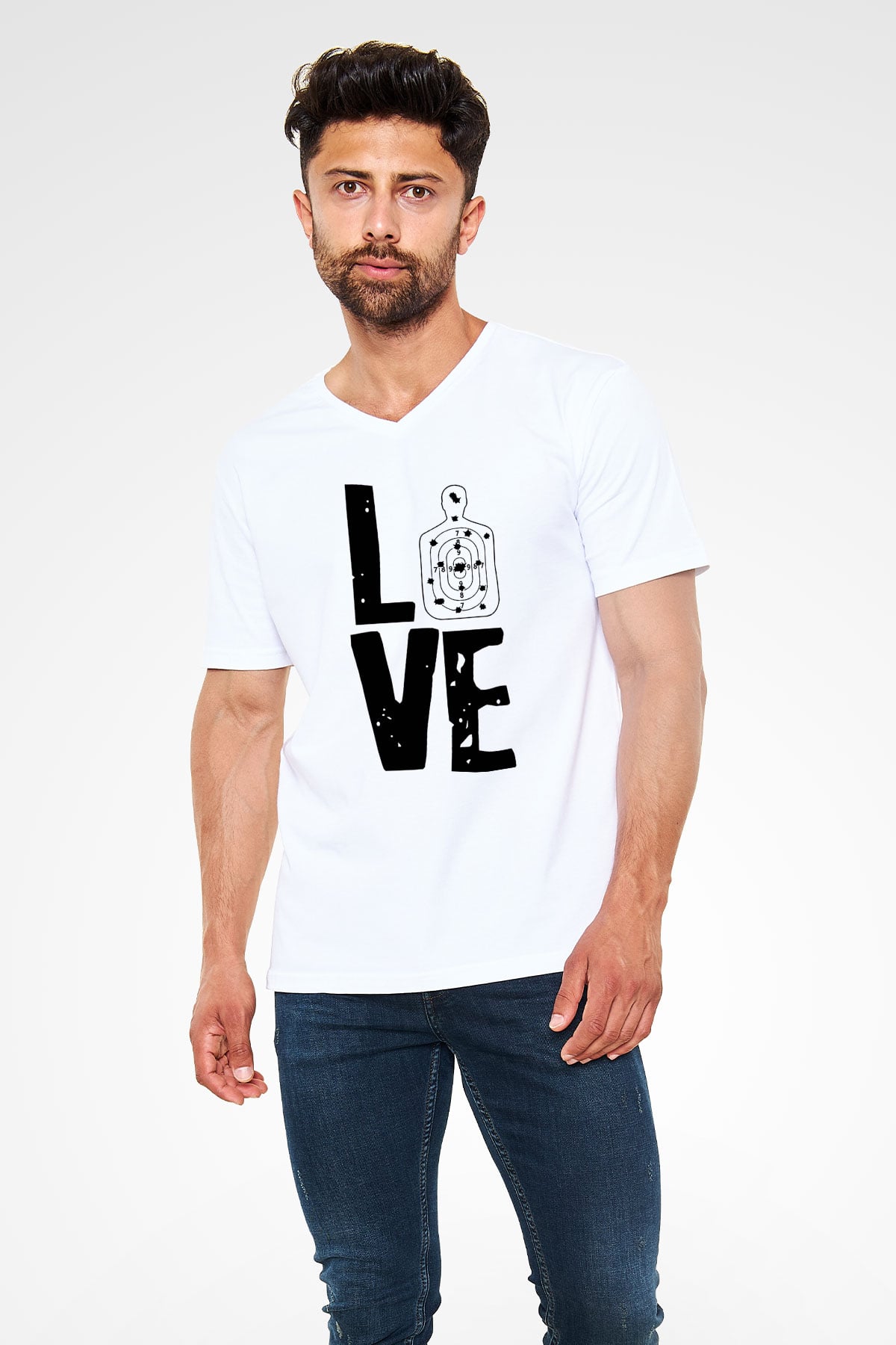 Atıcılık Baskılı Unisex V Yaka Tişört - Tshirt