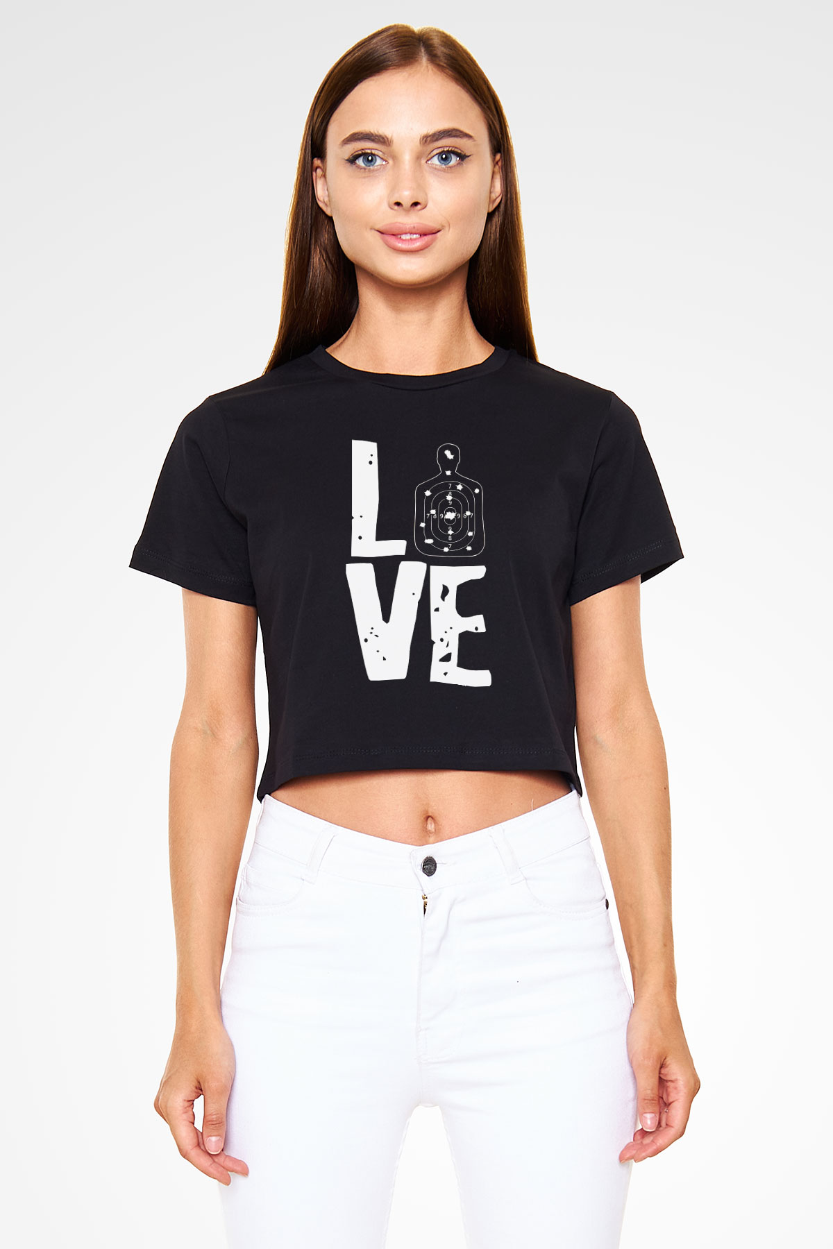 Atıcılık - Shooting Baskılı Crop Top Siyah Kadın Tişört - Tshirt