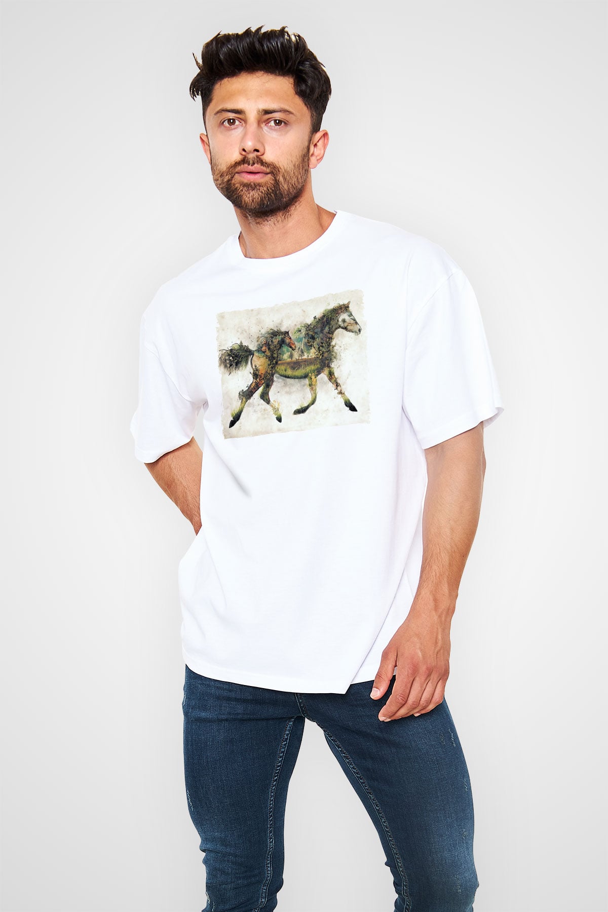 Atlar Baskılı Unisex Beyaz Tişört