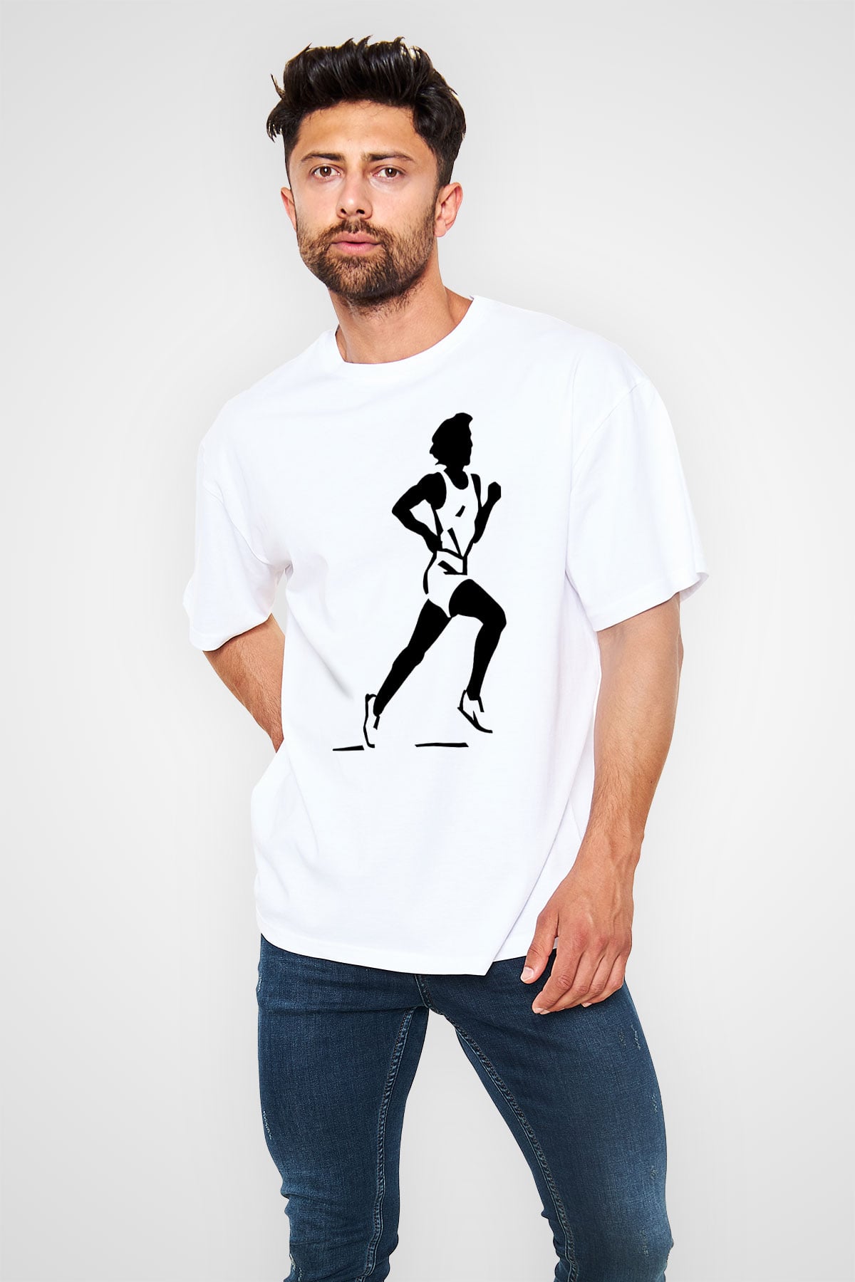 Atletizm Baskılı Unisex Beyaz Oversize Tişört - Tshirt