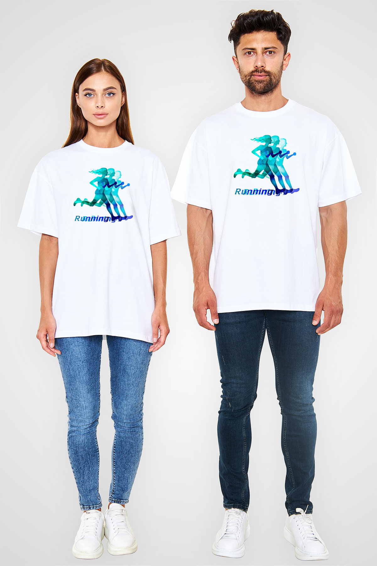 Atletizm Baskılı Unisex Beyaz Oversize Tişört - Tshirt