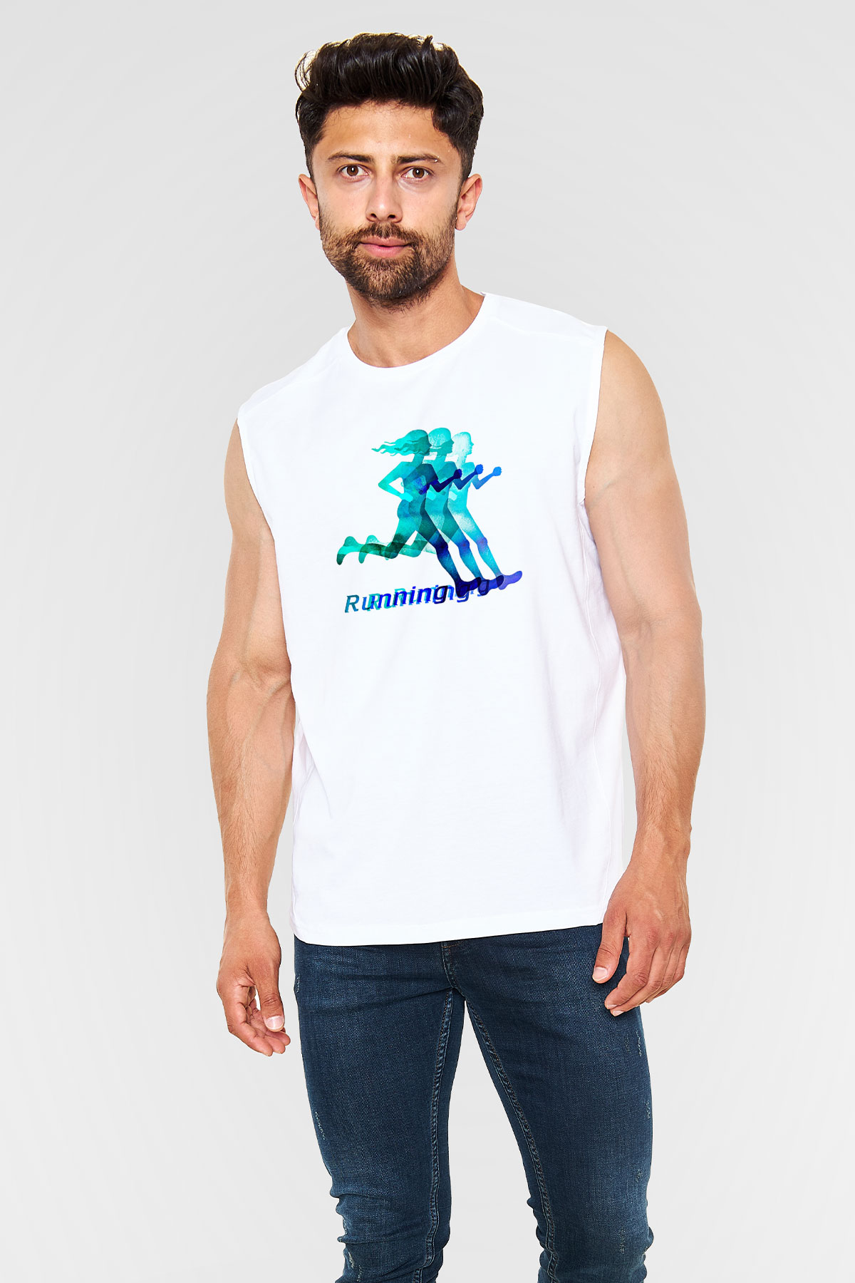 Atletizm Baskılı Unisex Kolsuz Beyaz Tişört