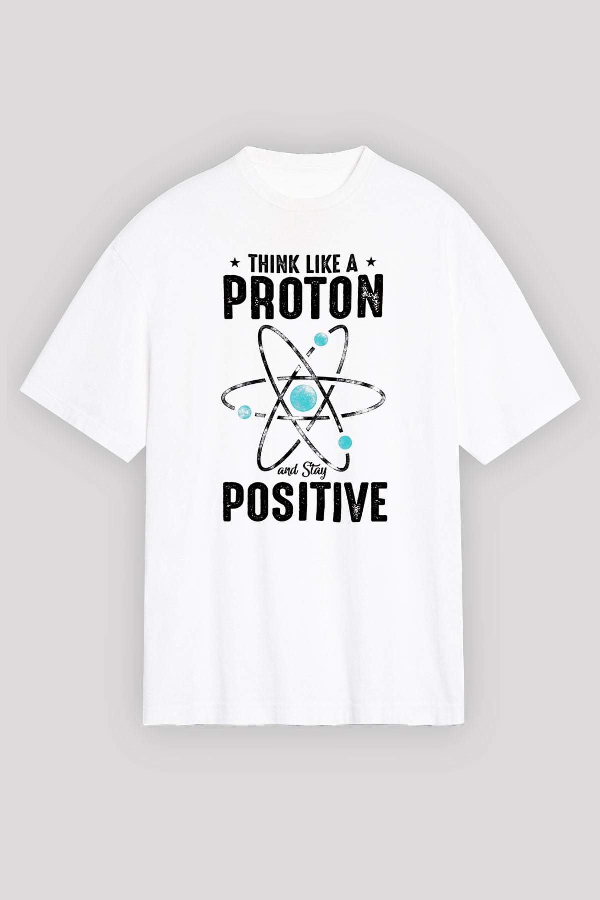 Atom Proton Baskılı Unisex Oversize Beyaz Tişört - Tshirt