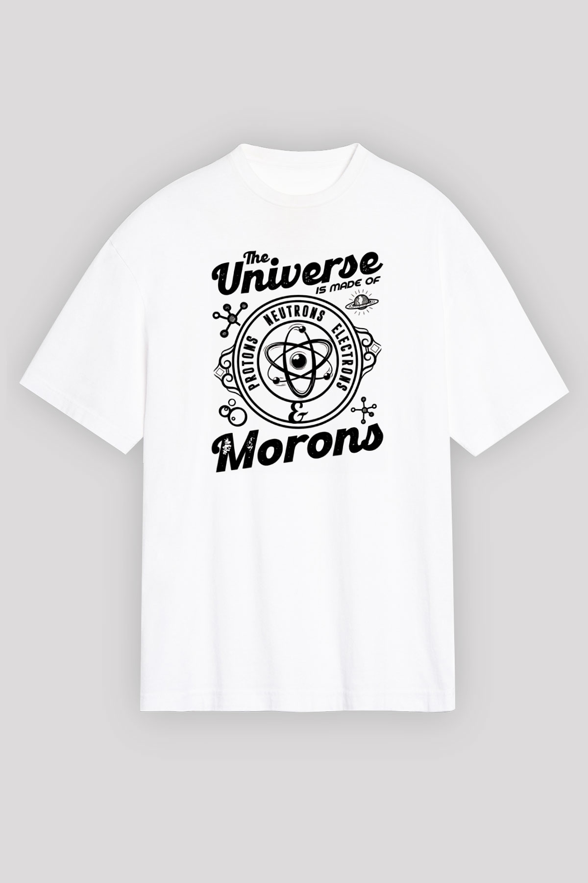 Atom Proton Nötron Eelektron Baskılı Unisex Oversize Beyaz Tişört - Tshirt