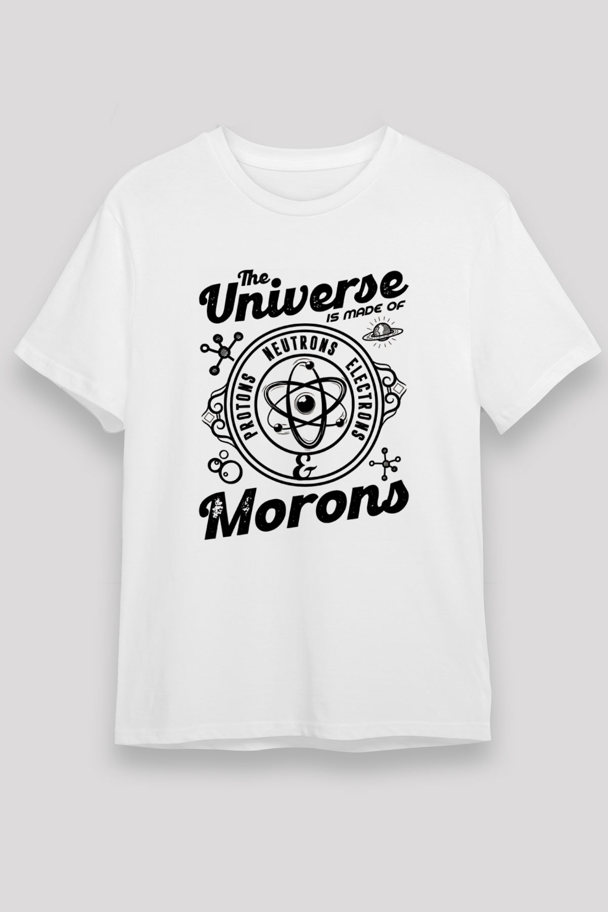 Atom Proton Nötron Eelektron Baskılı Unisex Beyaz Tişört - Tshirt