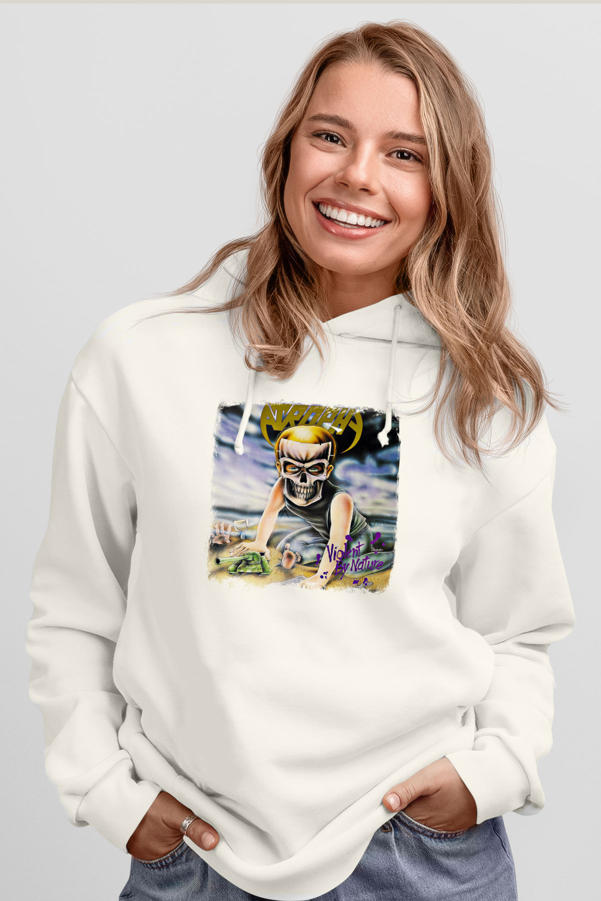 Atrophy Baskılı Unisex Beyaz Hoodie