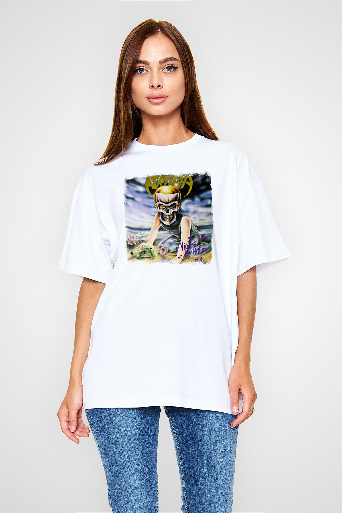 Atrophy Baskılı Unisex Beyaz Oversize Tişört