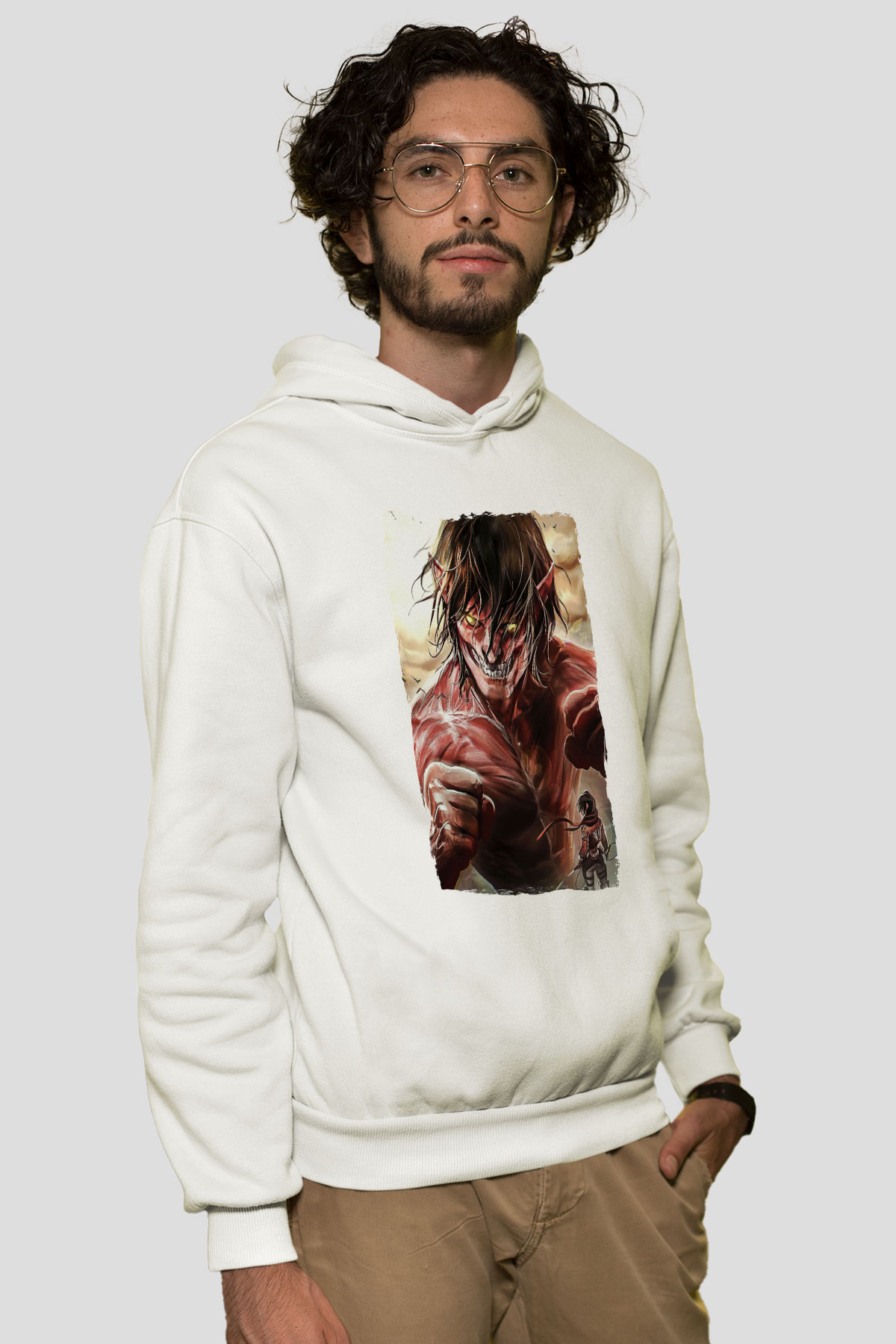 Attack On Titan Baskılı Beyaz Unisex Hoodie