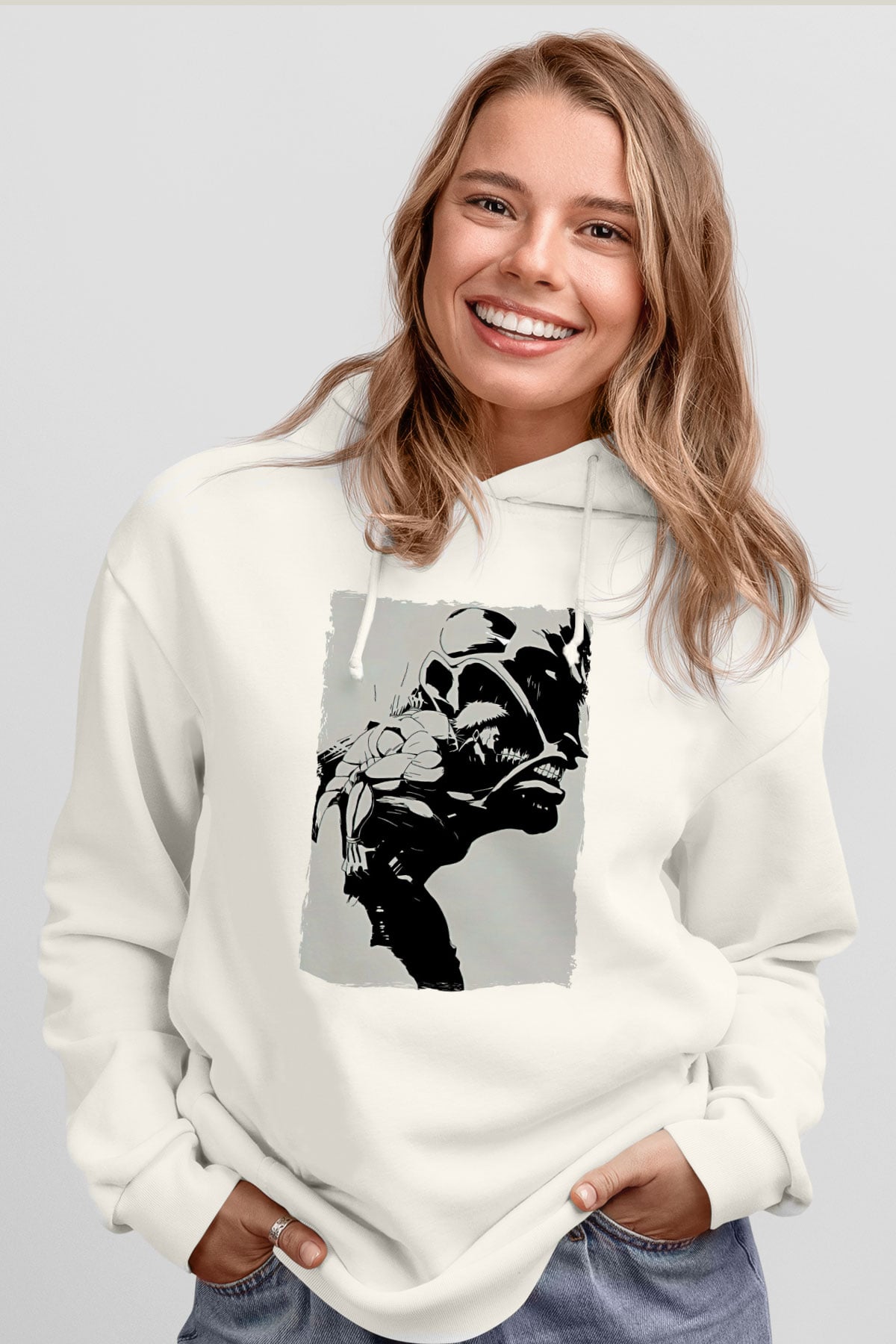 Attack On Titan Baskılı Beyaz Unisex Hoodie